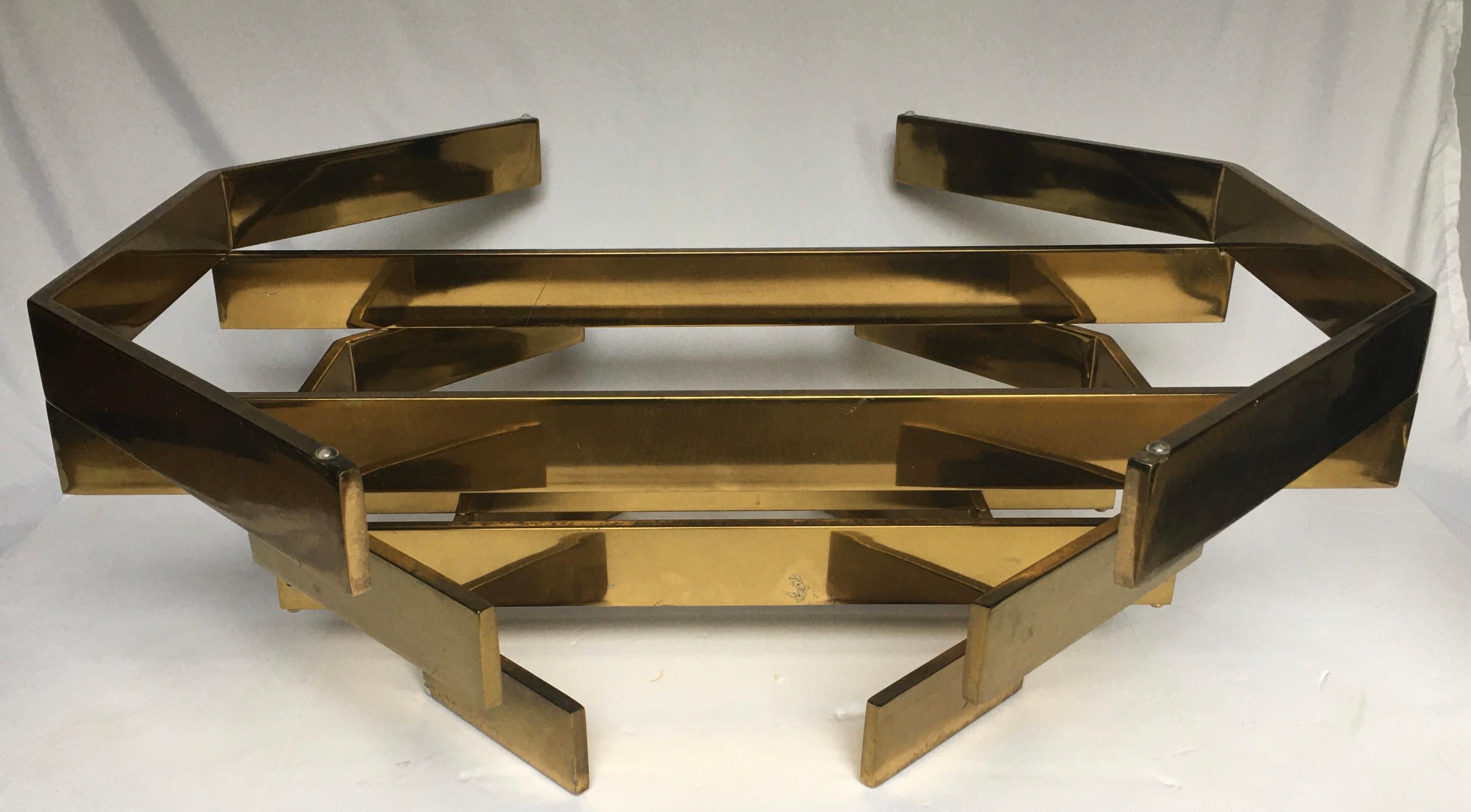 Modern Sculptural Stacked Metal Brass and Glass Octagon Coffee Table, 1970s 2