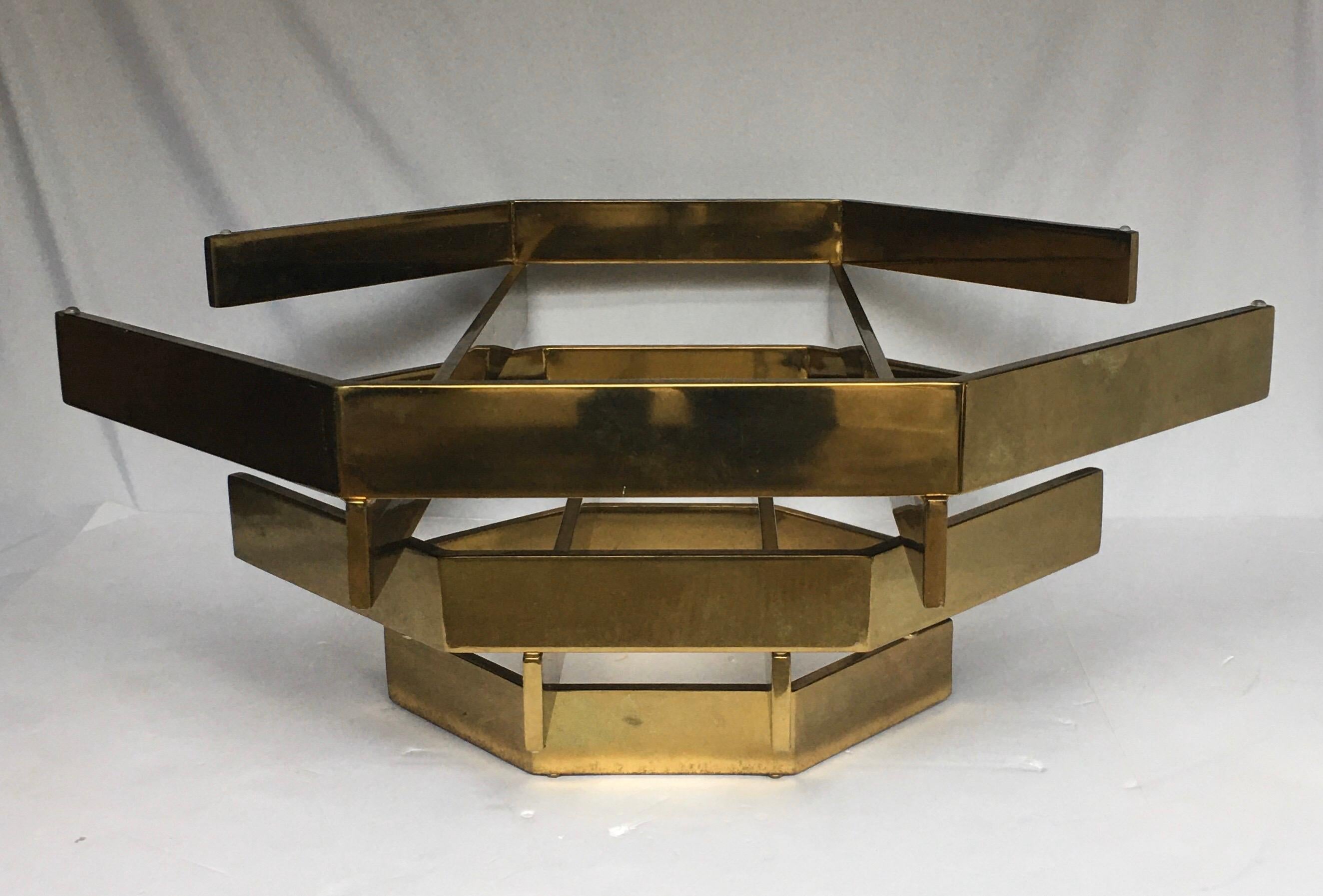 Modern Sculptural Stacked Metal Brass and Glass Octagon Coffee Table, 1970s 4