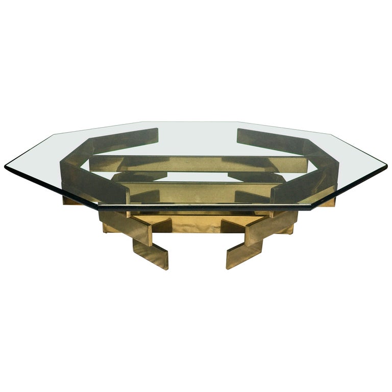 Modern Sculptural Stacked Metal Brass and Glass Octagon Coffee Table, 1970s at 1stDibs
