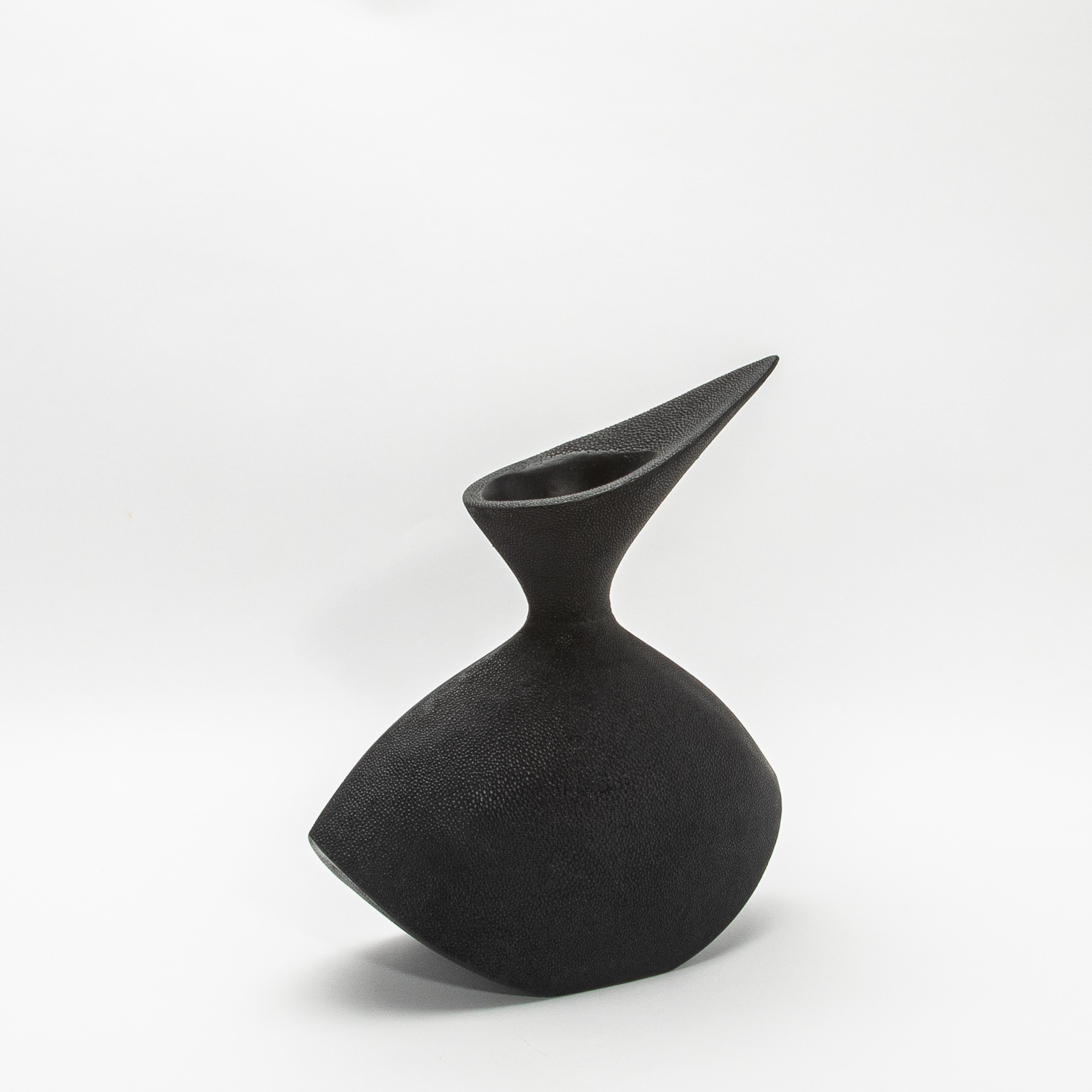 Il vaso Bird di R&Y Augousti è una straordinaria fusione di arte moderna e meticolosa lavorazione artigianale. Questo capolavoro scultoreo è realizzato a mano in lussuoso zigrino nero, un materiale famoso per la sua texture unica e la sua sottile