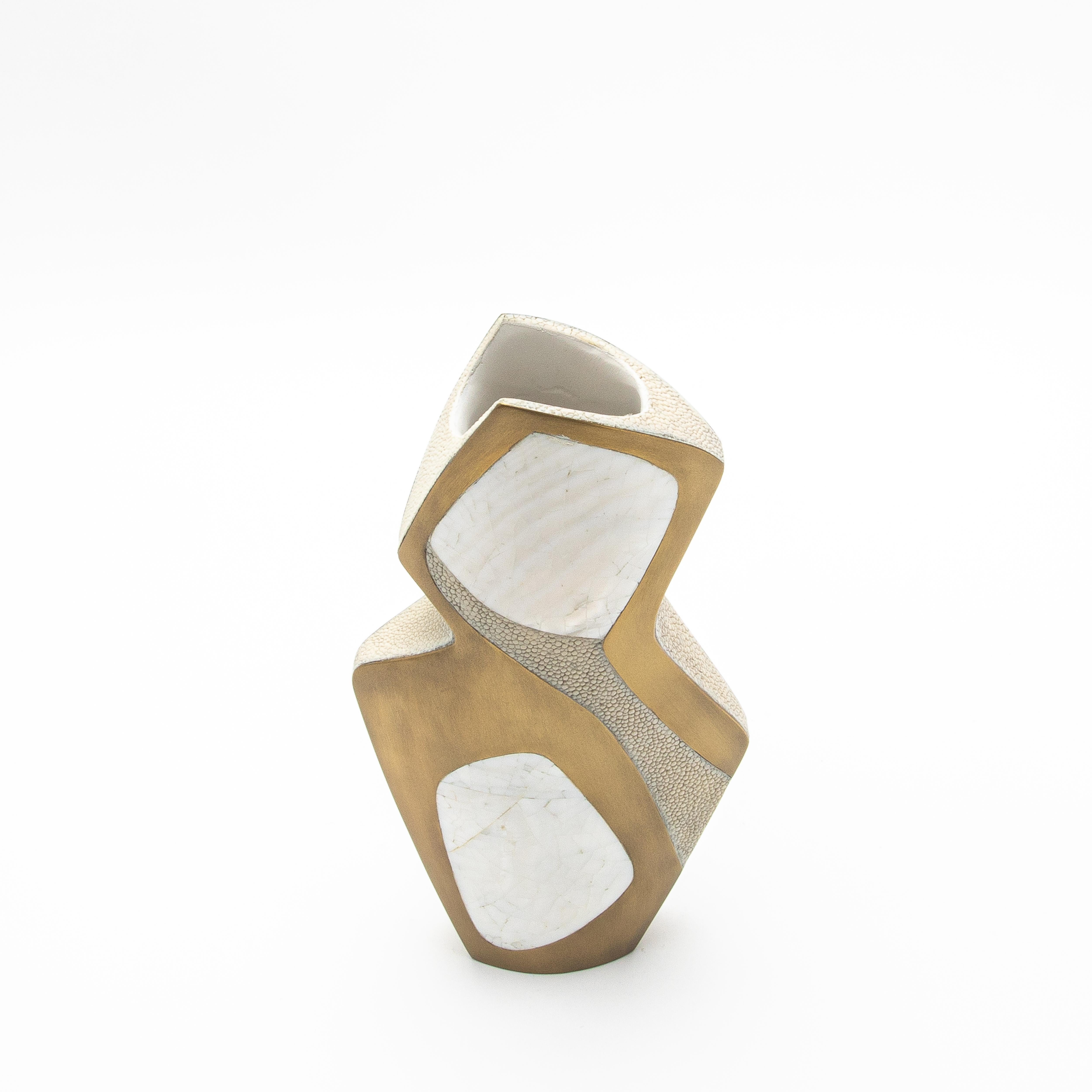 Modern Sculptural Vase in Shagreen with Shell and Brass Details by R&Y Augousti For Sale 1