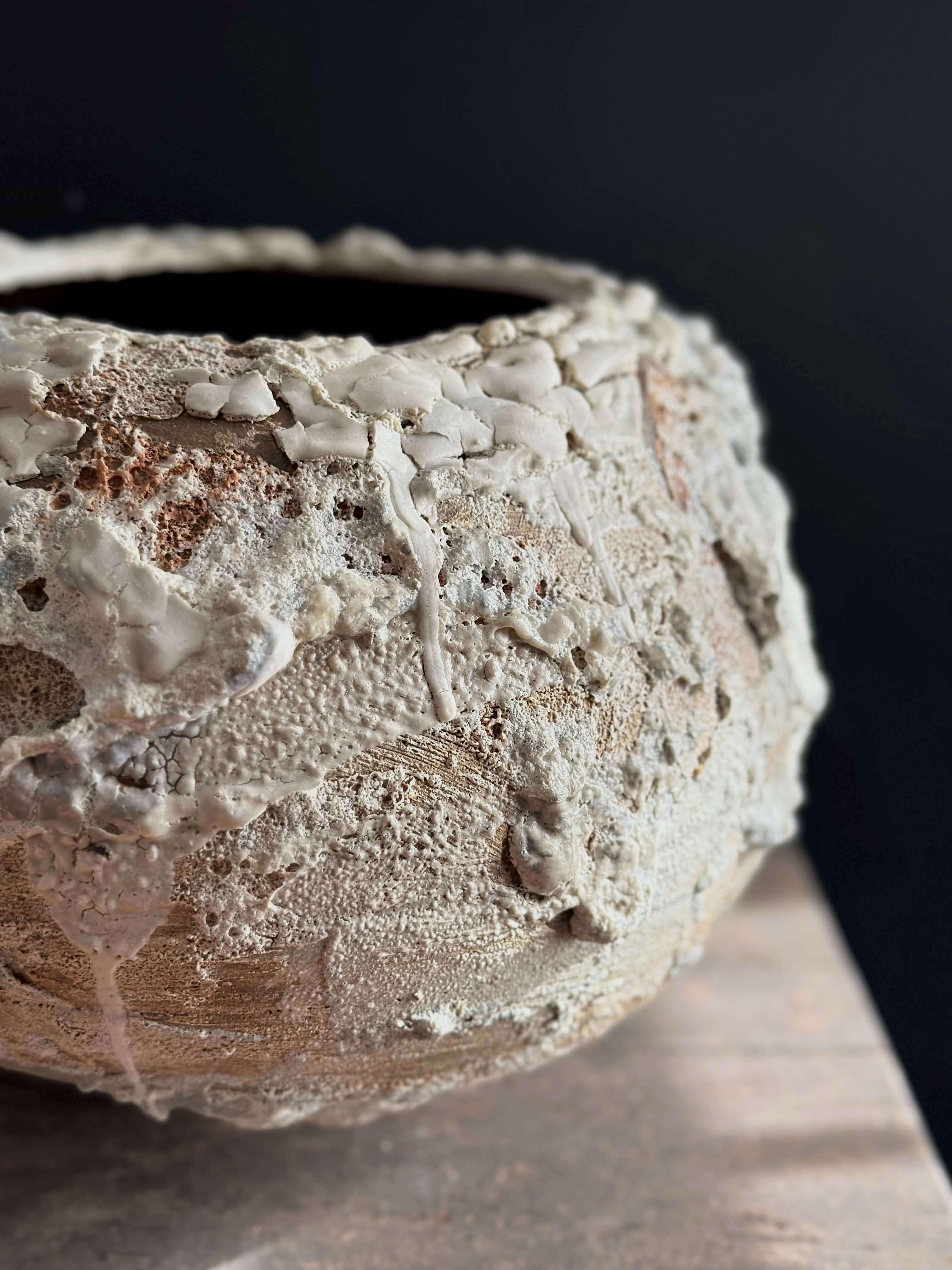 This unique ceramic vase showcases a softly rounded, organic silhouette paired with a richly tactile surface, finished in a cratered glaze of muted, earthy tones—beige, smoky gray, and deep charcoal. Its finish captures the raw, untouched beauty of