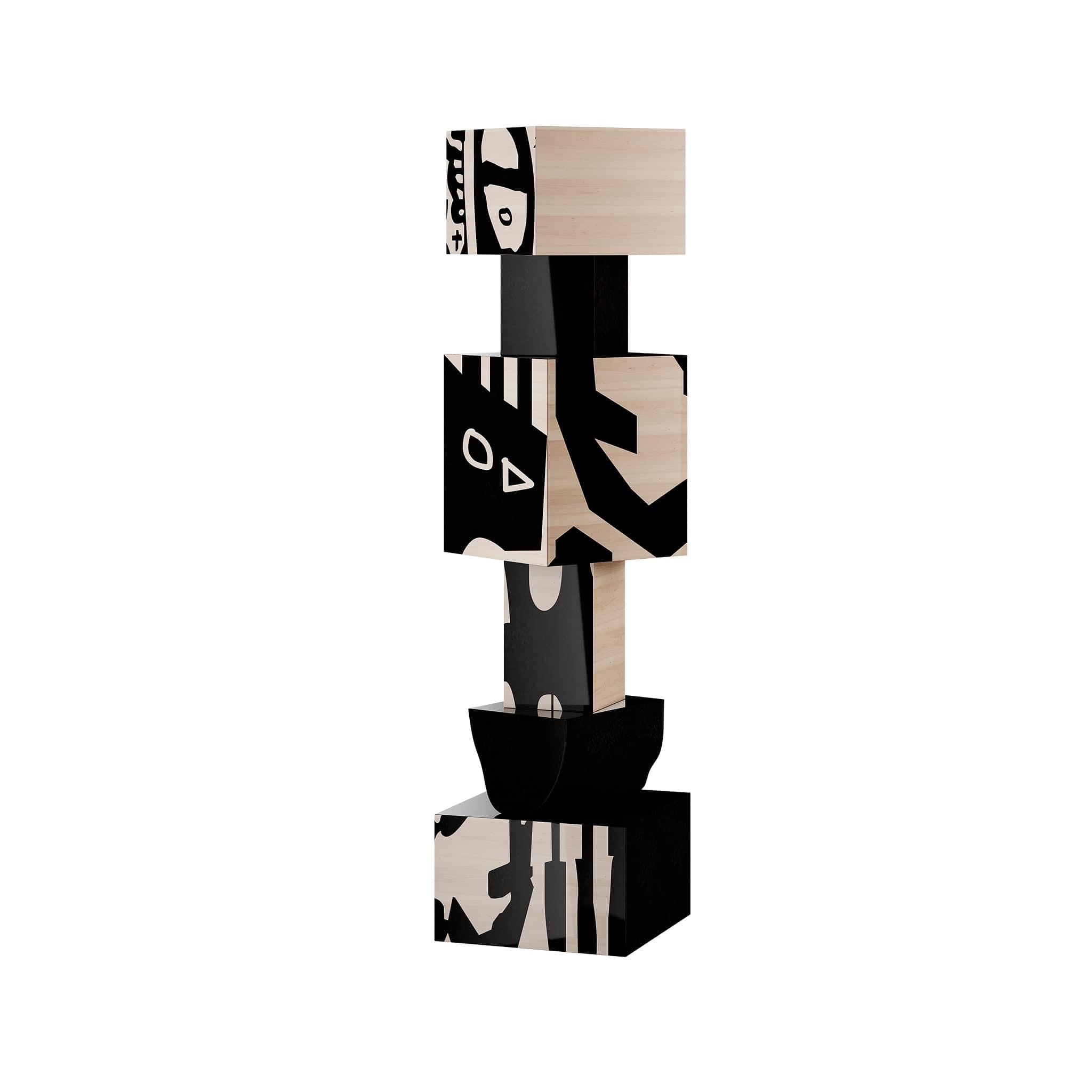 Brutalist Modern Sculptural Wood Totem Geometric Blocks Black & White Tribal Print For Sale