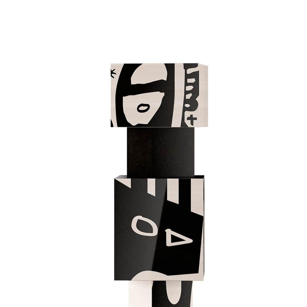 Portuguese Modern Sculptural Wood Totem Geometric Blocks Black & White Tribal Print For Sale