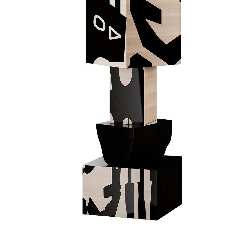 Hand-Crafted Modern Sculptural Wood Totem Geometric Blocks Black & White Tribal Print For Sale
