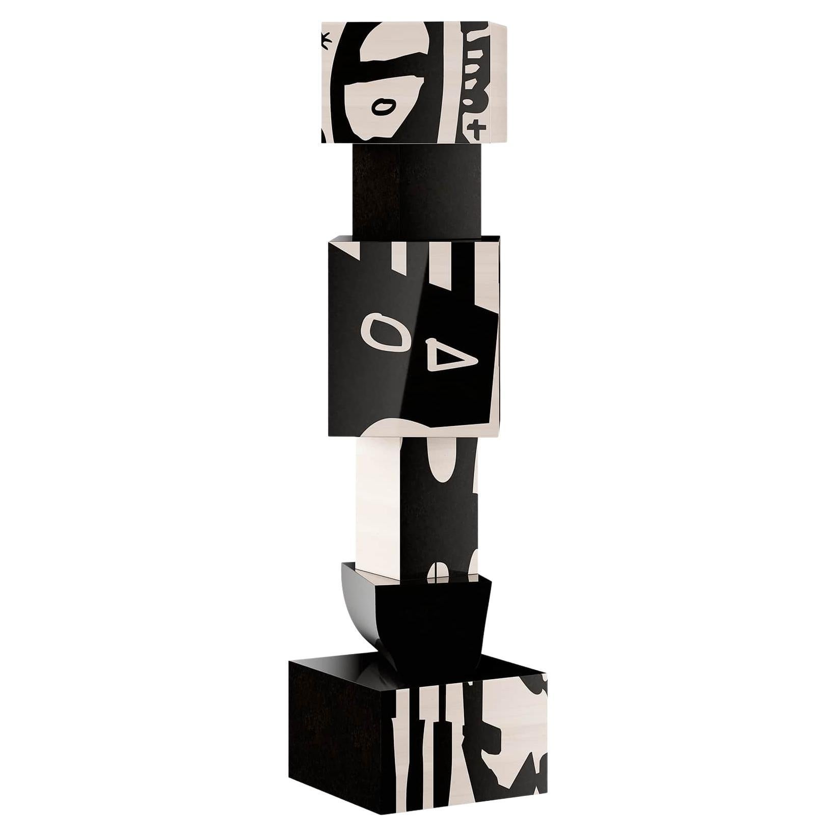 Tótem escultórico moderno de madera Bloques geométricos Blanco y negro Impresión tribal