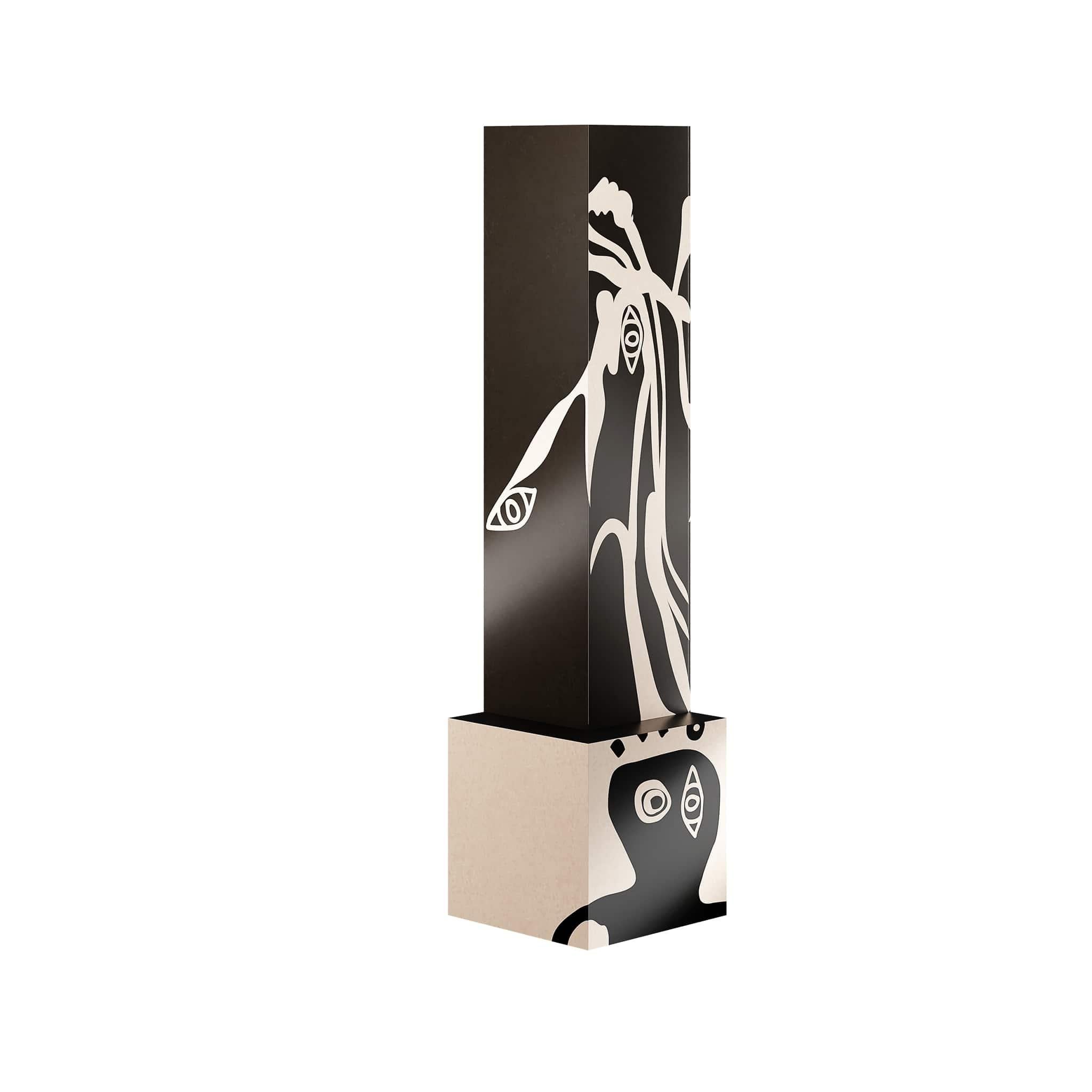 Tótem Escultórico Moderno de Madera Forma Geométrica Marquetería Tribal en Blanco y Negro Portugués en venta