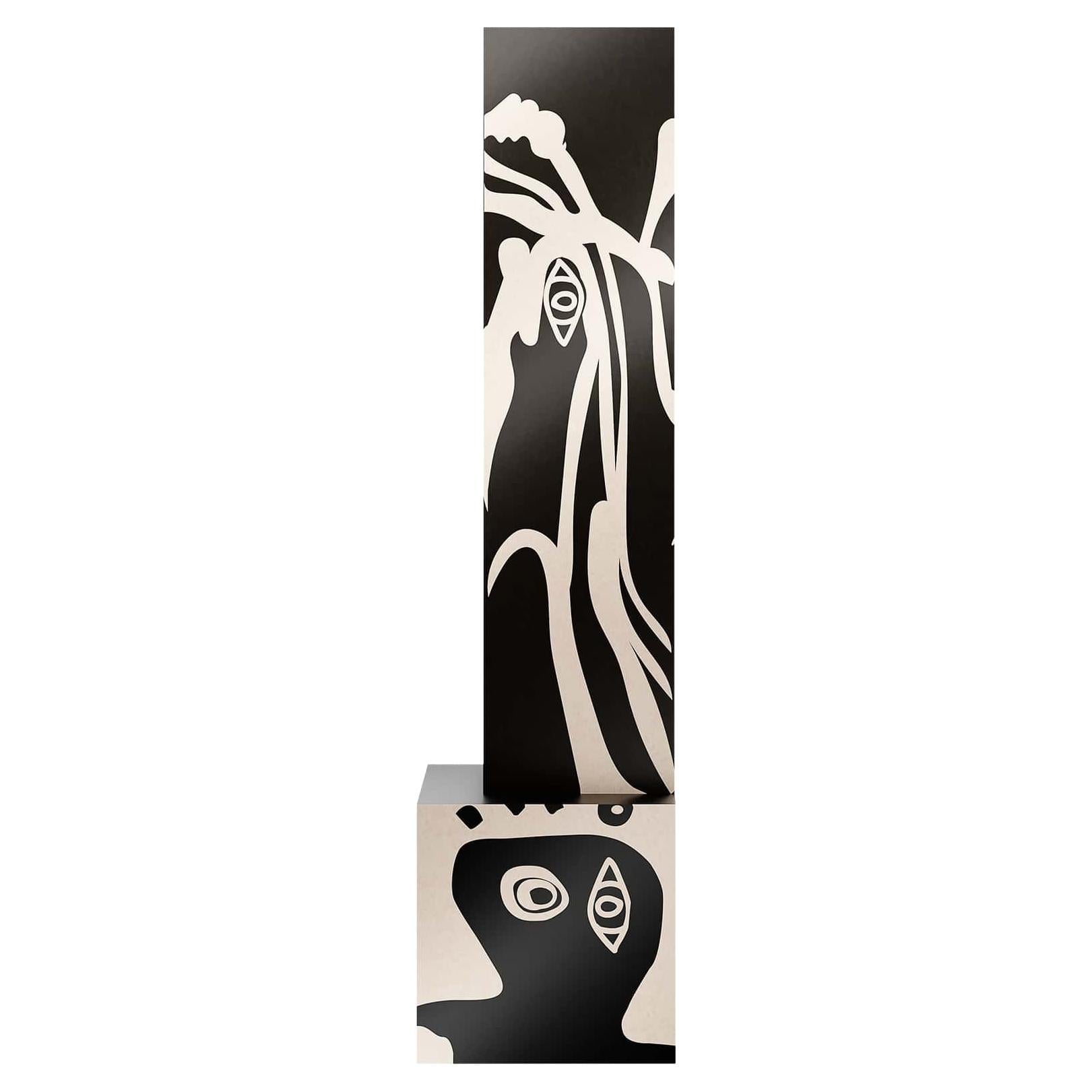 Tótem Escultórico Moderno de Madera Forma Geométrica Marquetería Tribal en Blanco y Negro