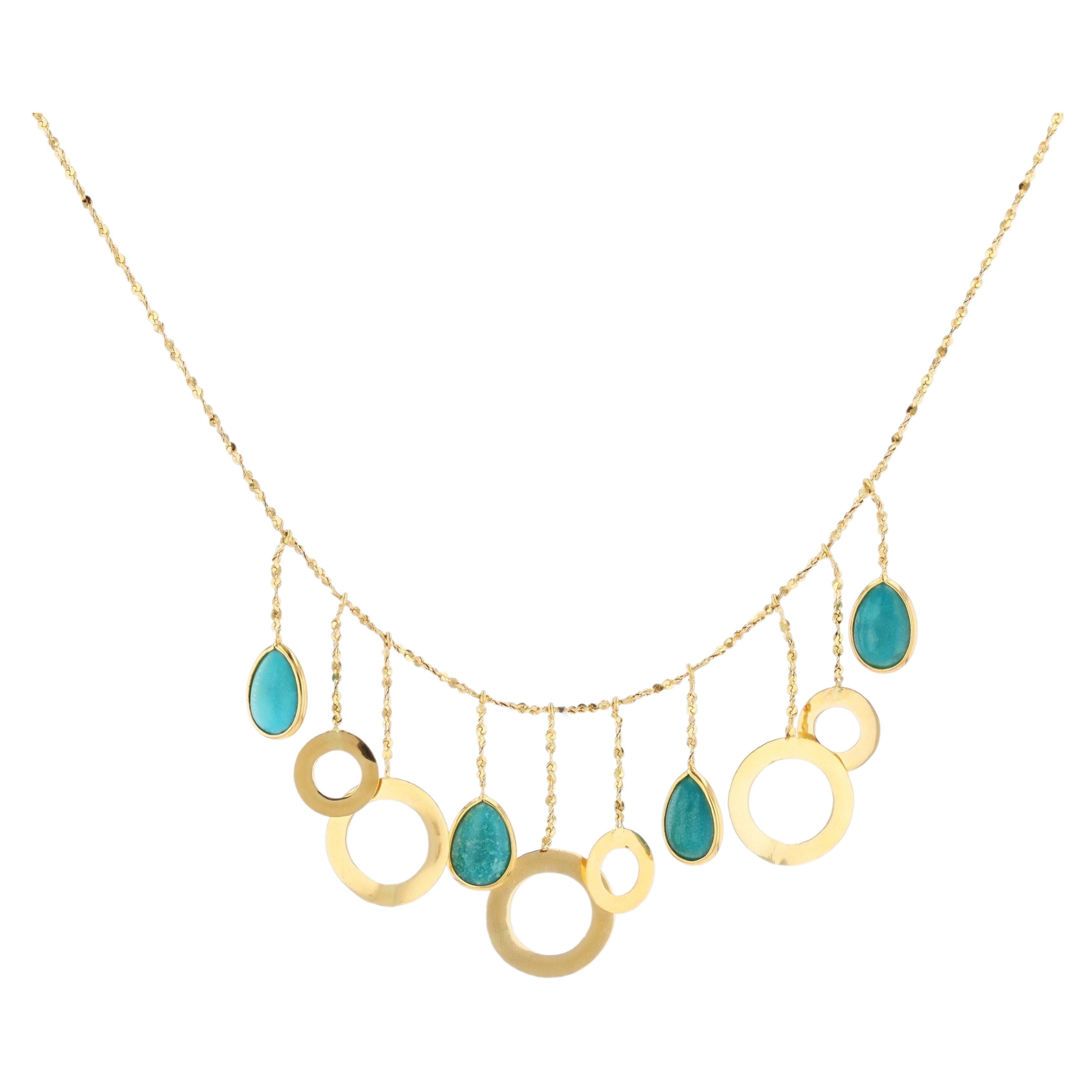 Modern Second Hand 18 Karat Yellow Gold Turquoise Stones Necklace For Sale