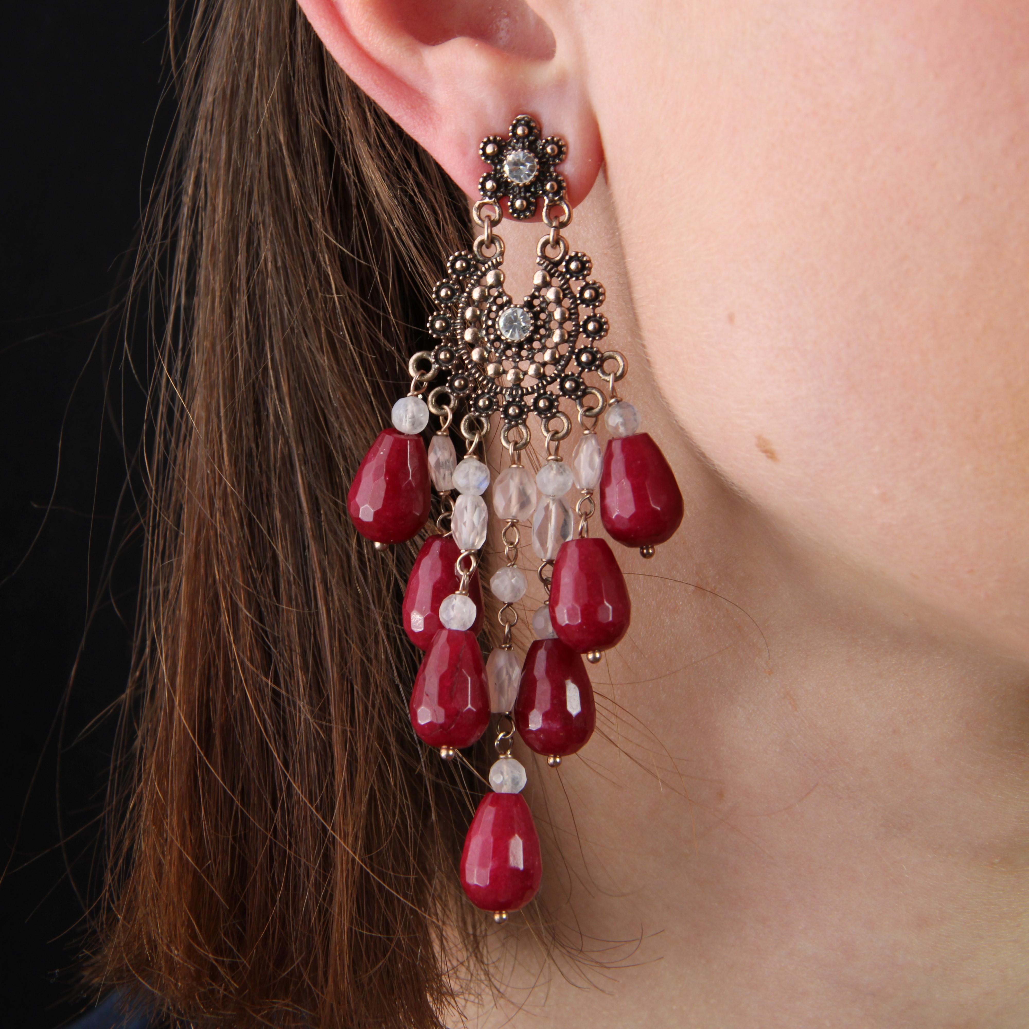 Women's Modern Second-Hand Crystal Ruby Silver Chandelier Earrings