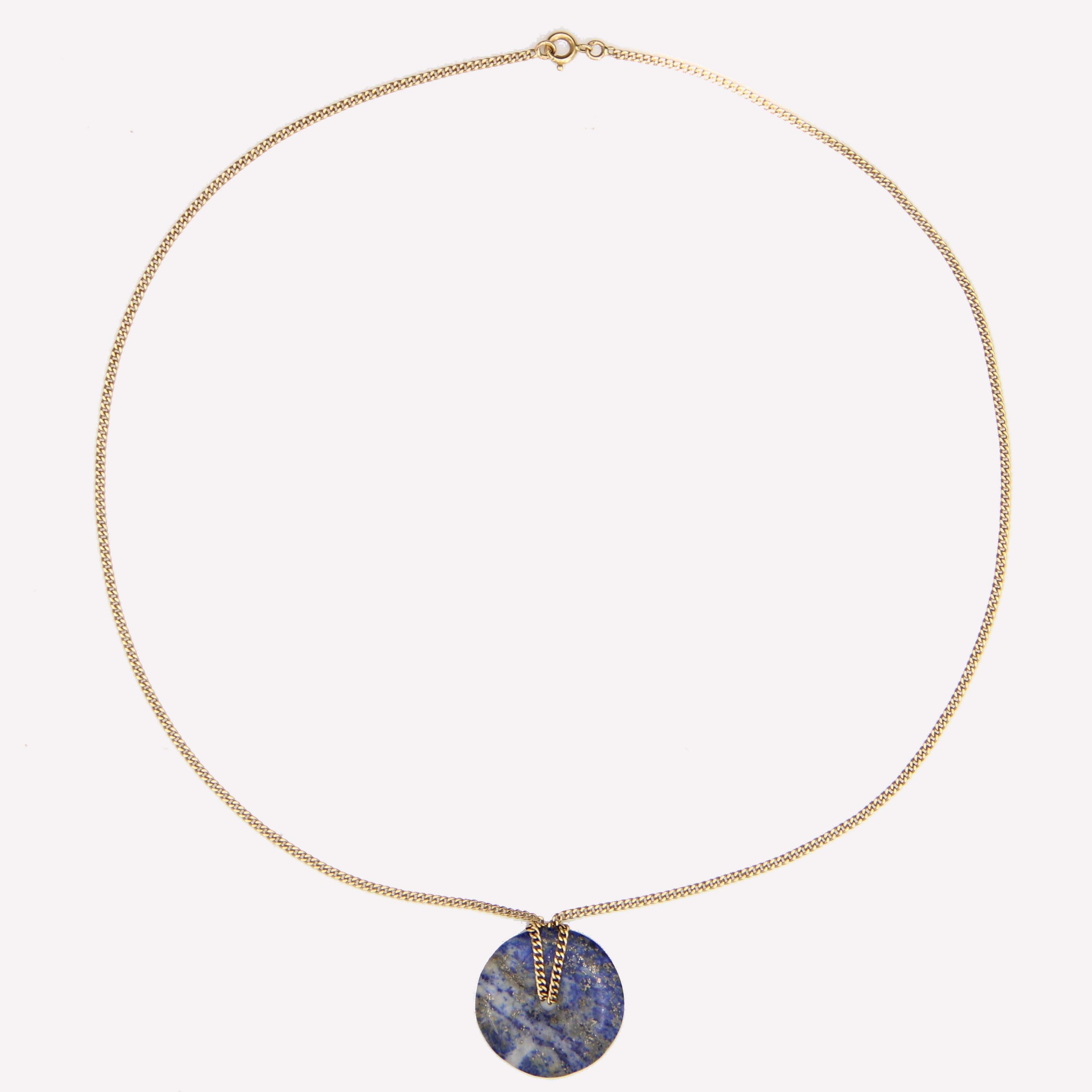 Cabochon Modern Second-Hand Lapis-Lazuli Disc 18 Karat Yellow Gold Chain Necklace For Sale