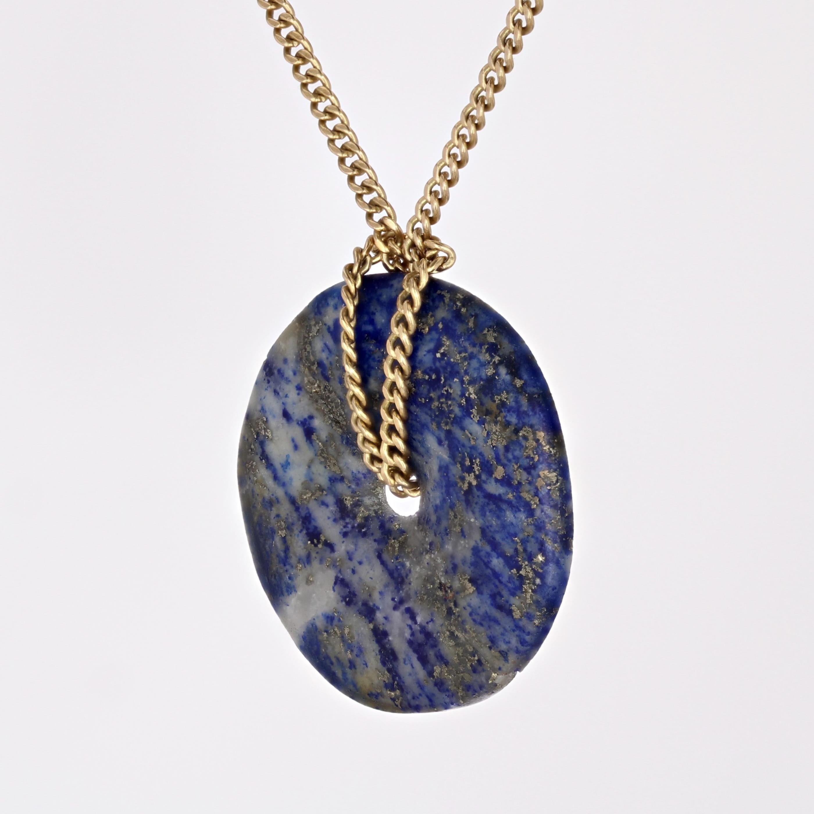 Modern Second-Hand Lapis-Lazuli Disc 18 Karat Yellow Gold Chain Necklace For Sale 1
