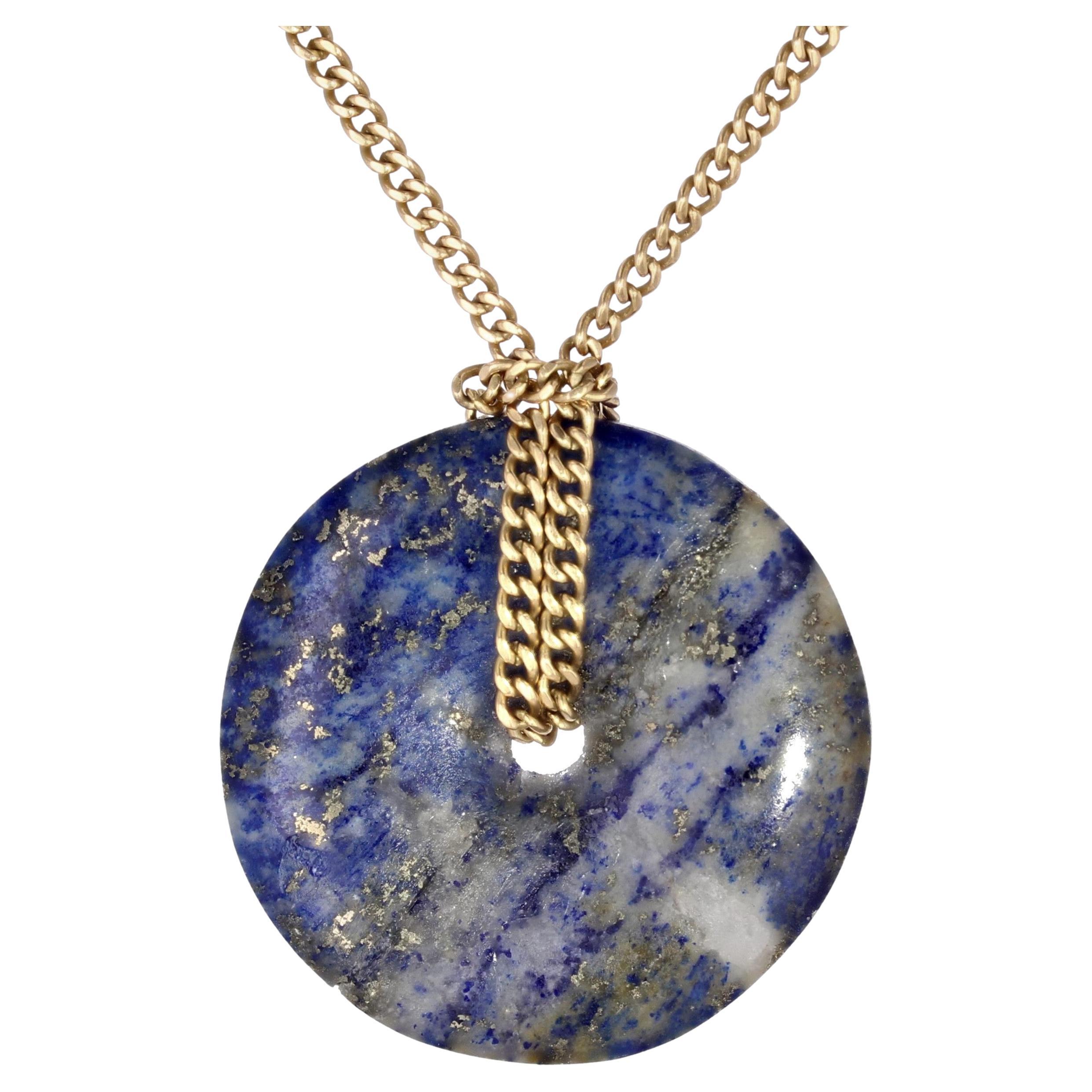 Chaîne collier moderne d'occasion en or jaune 18 carats avec disques en lapis-lazuli