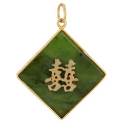 Modern Second hand Nephrite Jade 18 Karat Yellow Gold Chinese Character Pendant