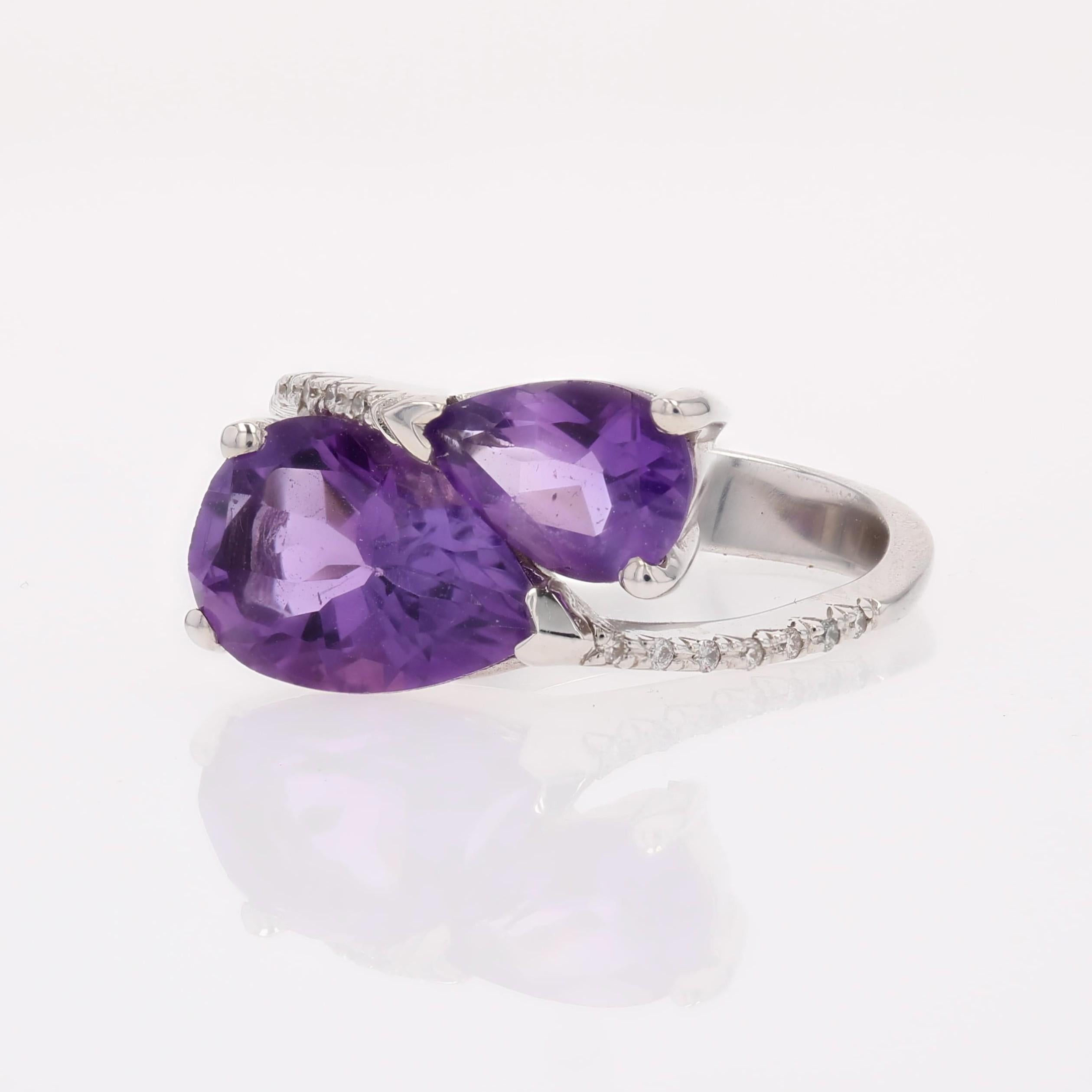 Women's Modern Second-Hand Pear Cut Amethysts Diamonds 18 Karat White Gold Duo Ring For Sale