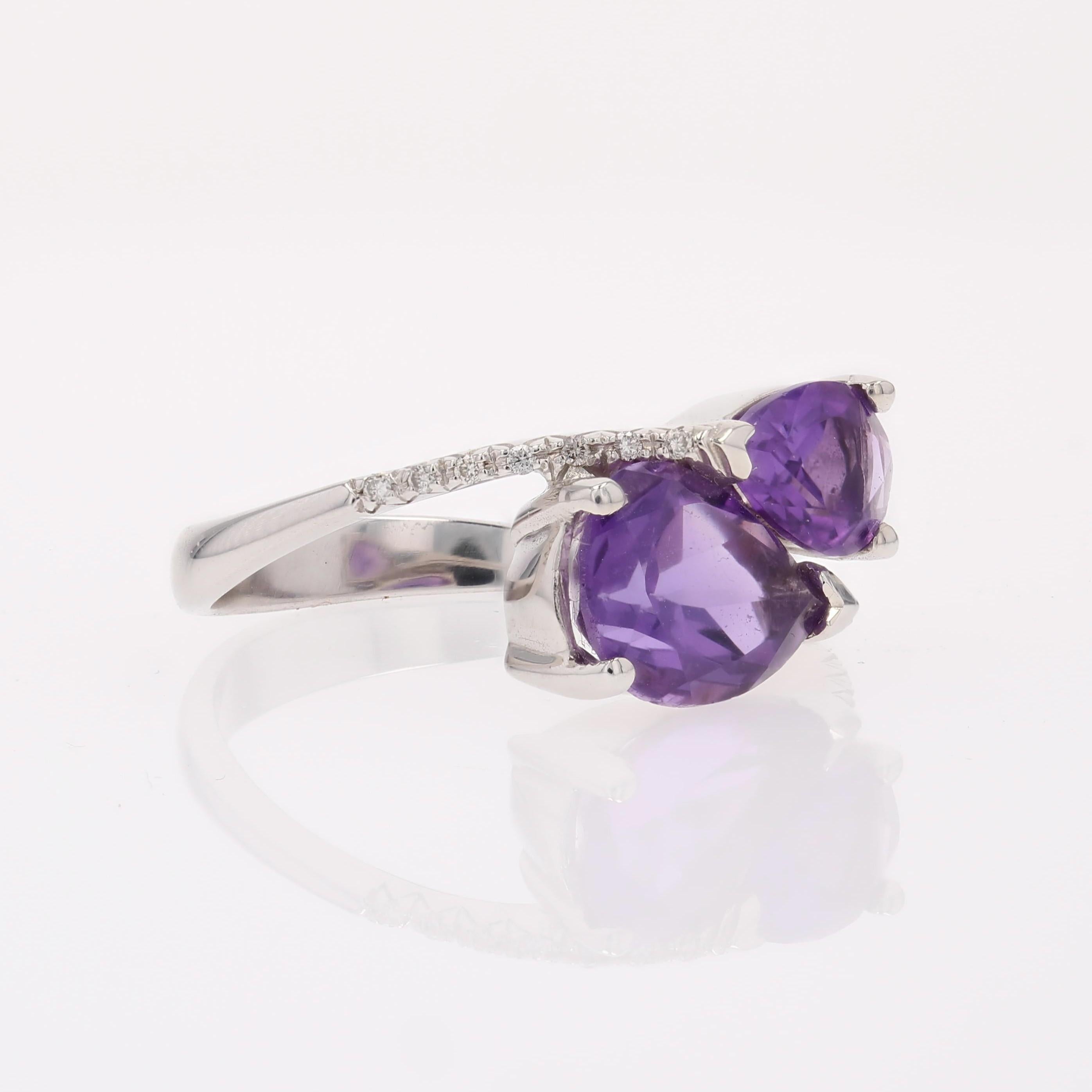 Modern Second-Hand Pear Cut Amethysts Diamonds 18 Karat White Gold Duo Ring For Sale 1