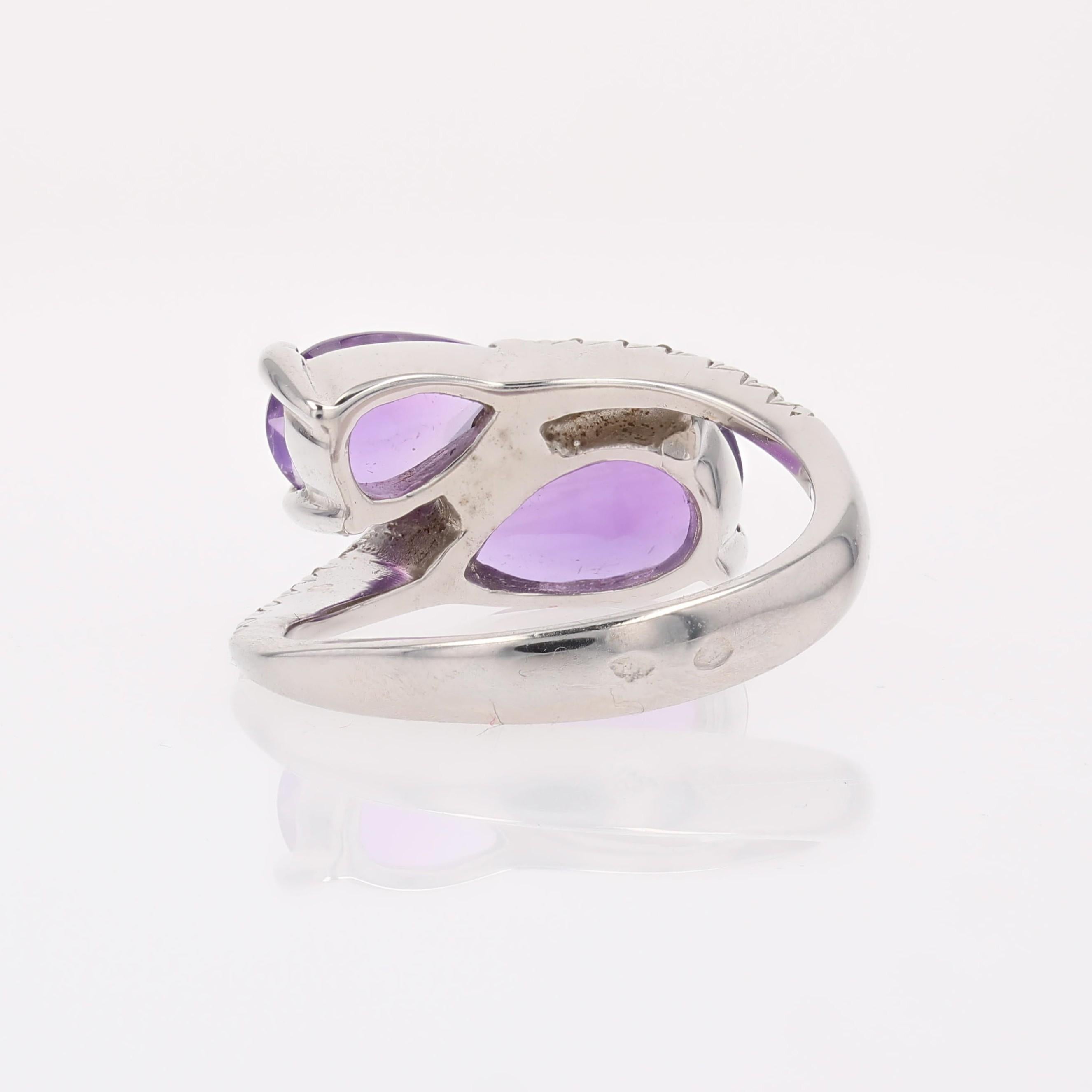 Modern Second-Hand Pear Cut Amethysts Diamonds 18 Karat White Gold Duo Ring For Sale 3