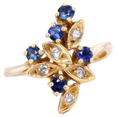Modern Second-Hand Sapphires Diamonds 18 Karat Yellow Gold Leaves Ring
