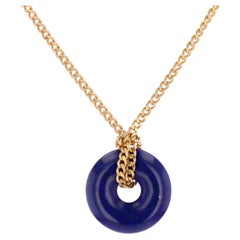 Modern Second-Hand Small Lapis-Lazuli Disc 18 Karat Yellow Gold Chain Necklace