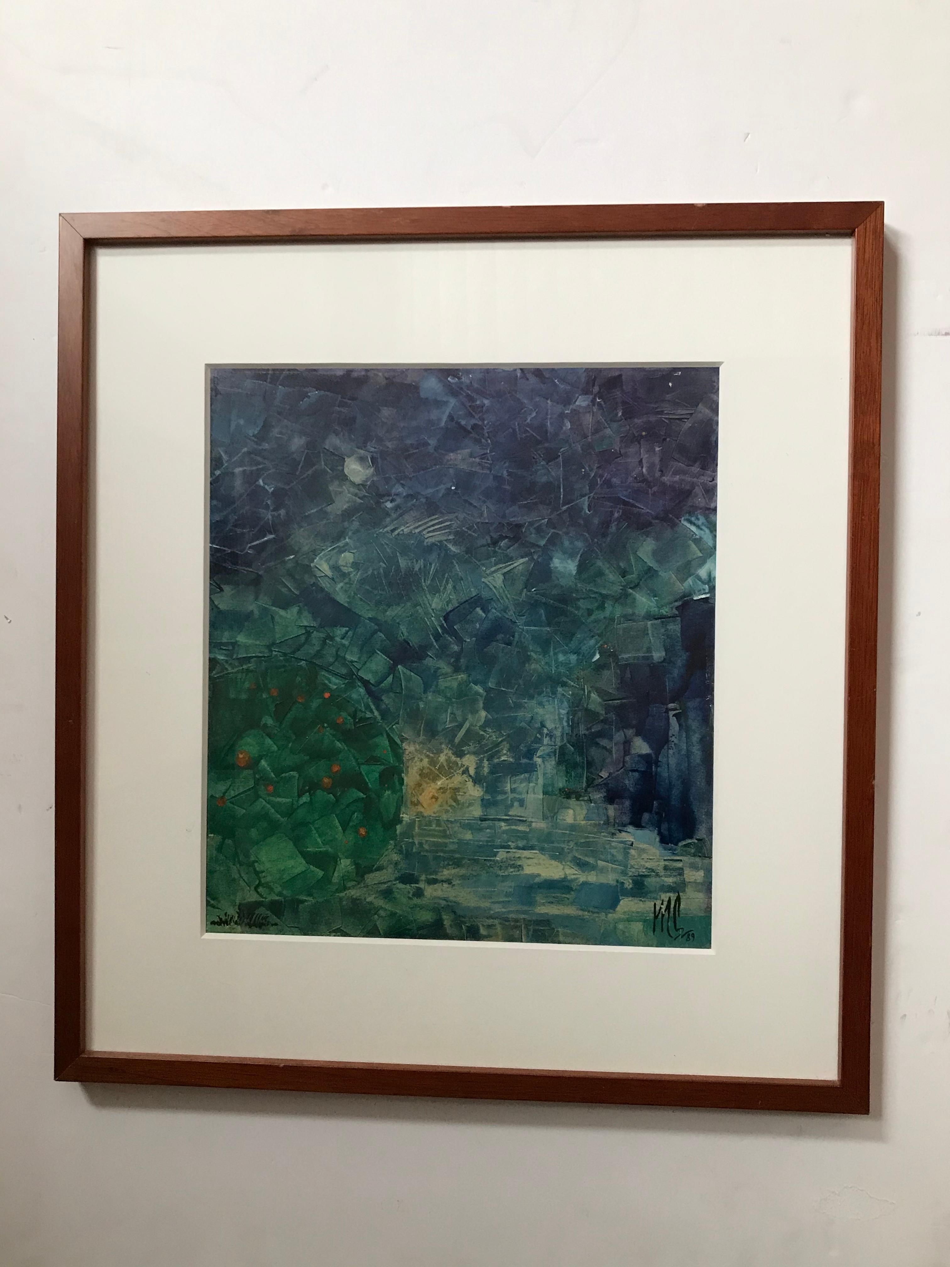 This illegibly signed semi-abstract watercolor, dated from 1989, features a captivating and dreamy representation of sub-aquatic life. The technique used in this piece creates a deep, contrasted atmosphere with gradations of colors tints. The