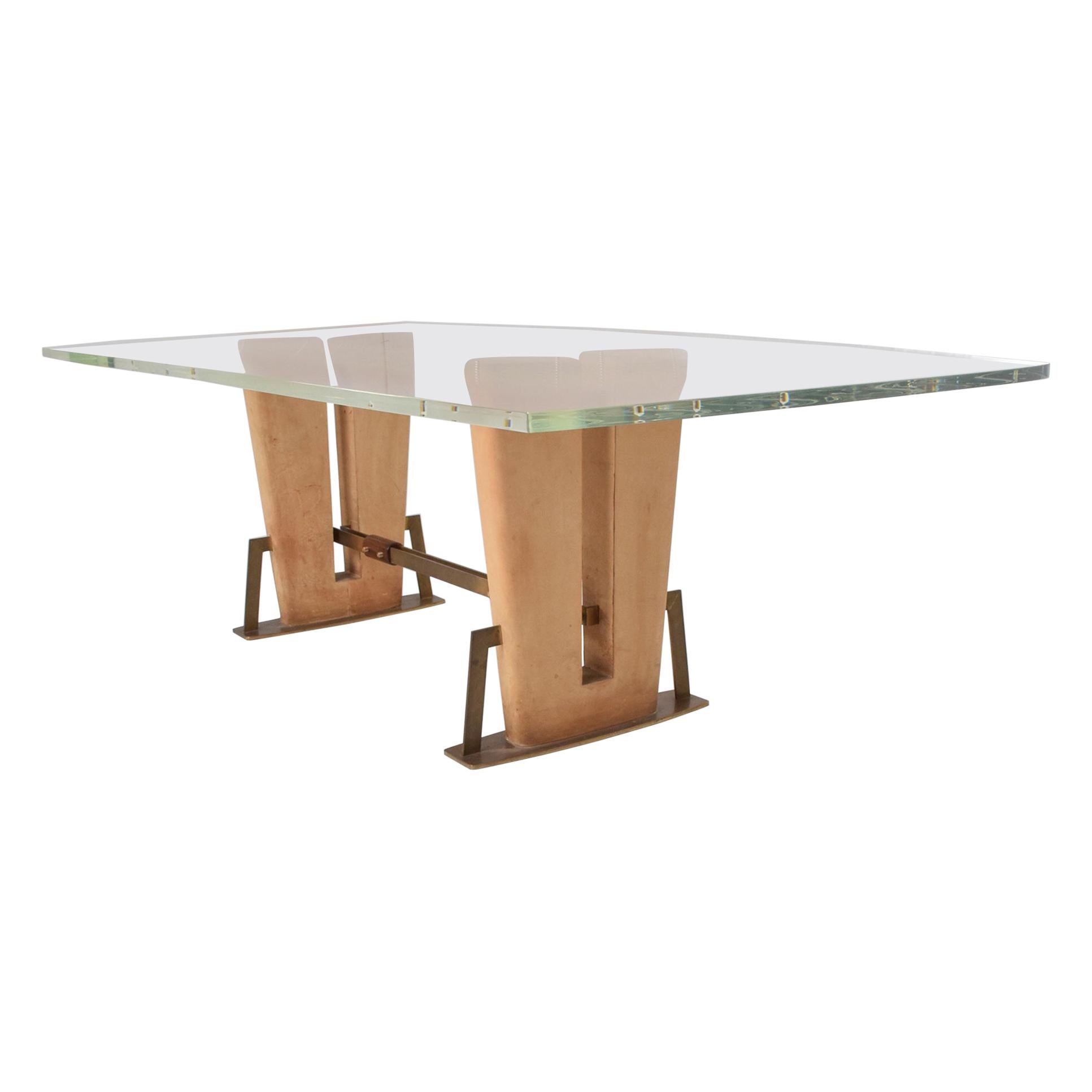1960s Mexican Modernism Lucite Dining Table Leather Mahogany Solid Brass For Sale