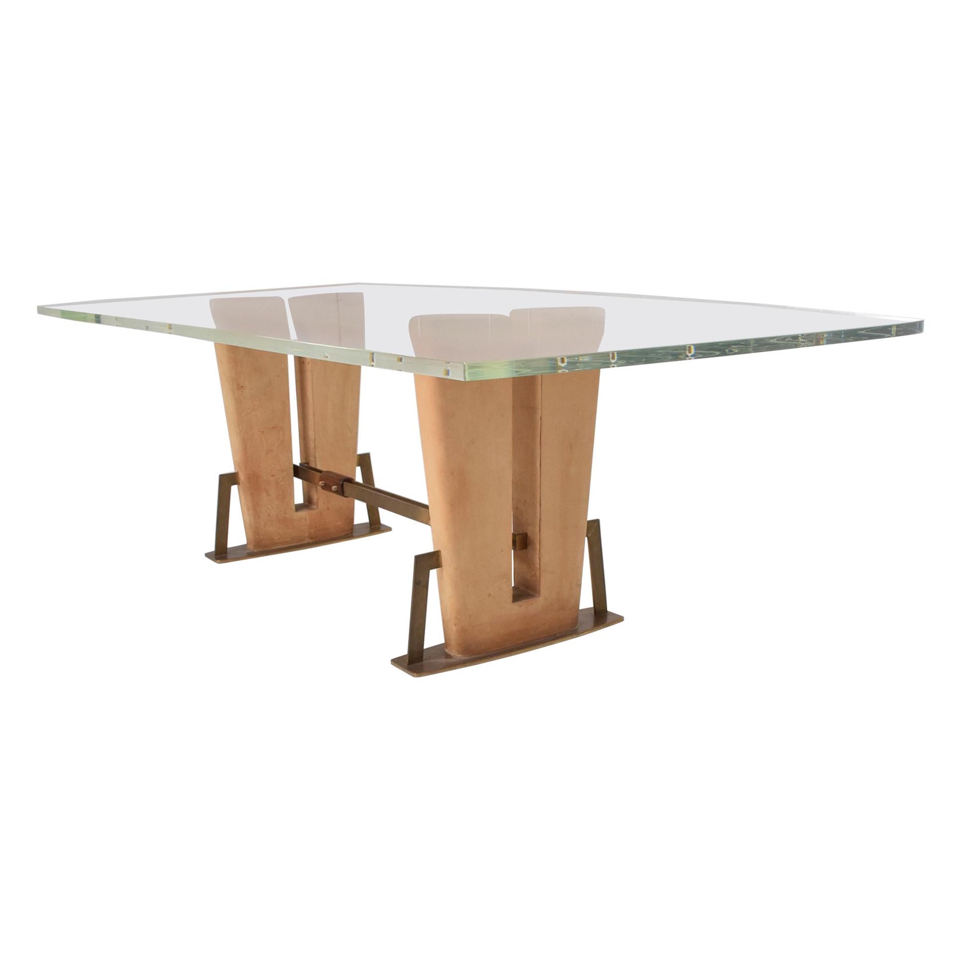 1960s Sensational Lucite Dining Table Leather & Bronze Base