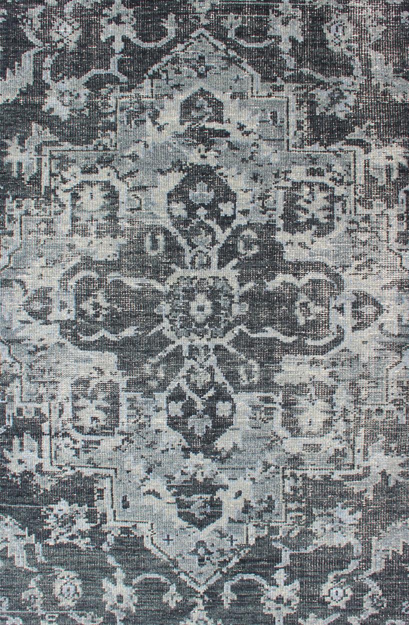 Indian Modern Serapi Design Rug in Gray, D. Blue & D. Charcoal with Geometric Design For Sale