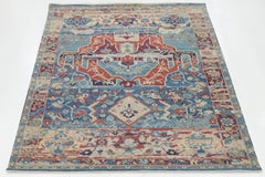 Modern Serapi Style Hand-Knotted Wool Rug - Sky Blue, Terracotta, and Cream