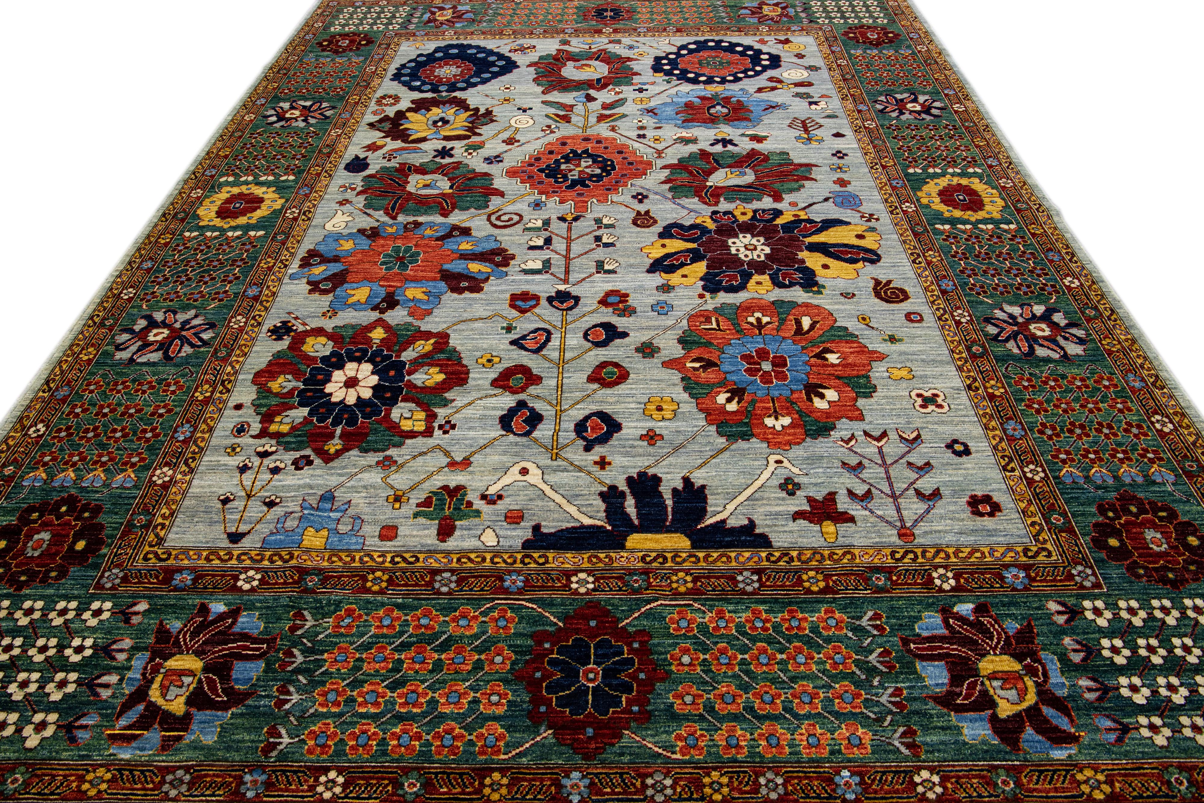 Islamic Modern Serapi Style Handmade Floral Designed Light Gray Wool Rug For Sale