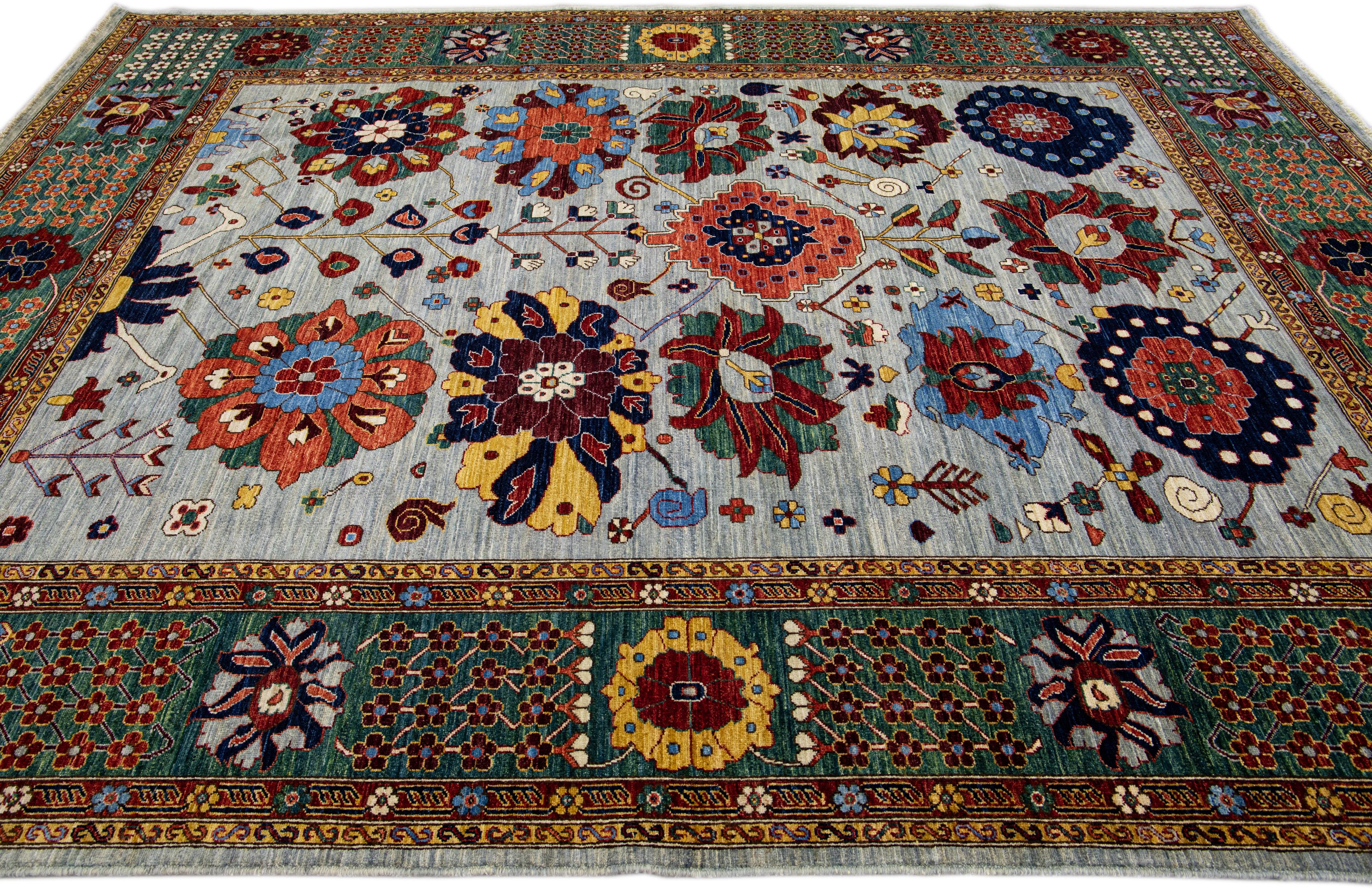 Hand-Knotted Modern Serapi Style Handmade Floral Designed Light Gray Wool Rug For Sale