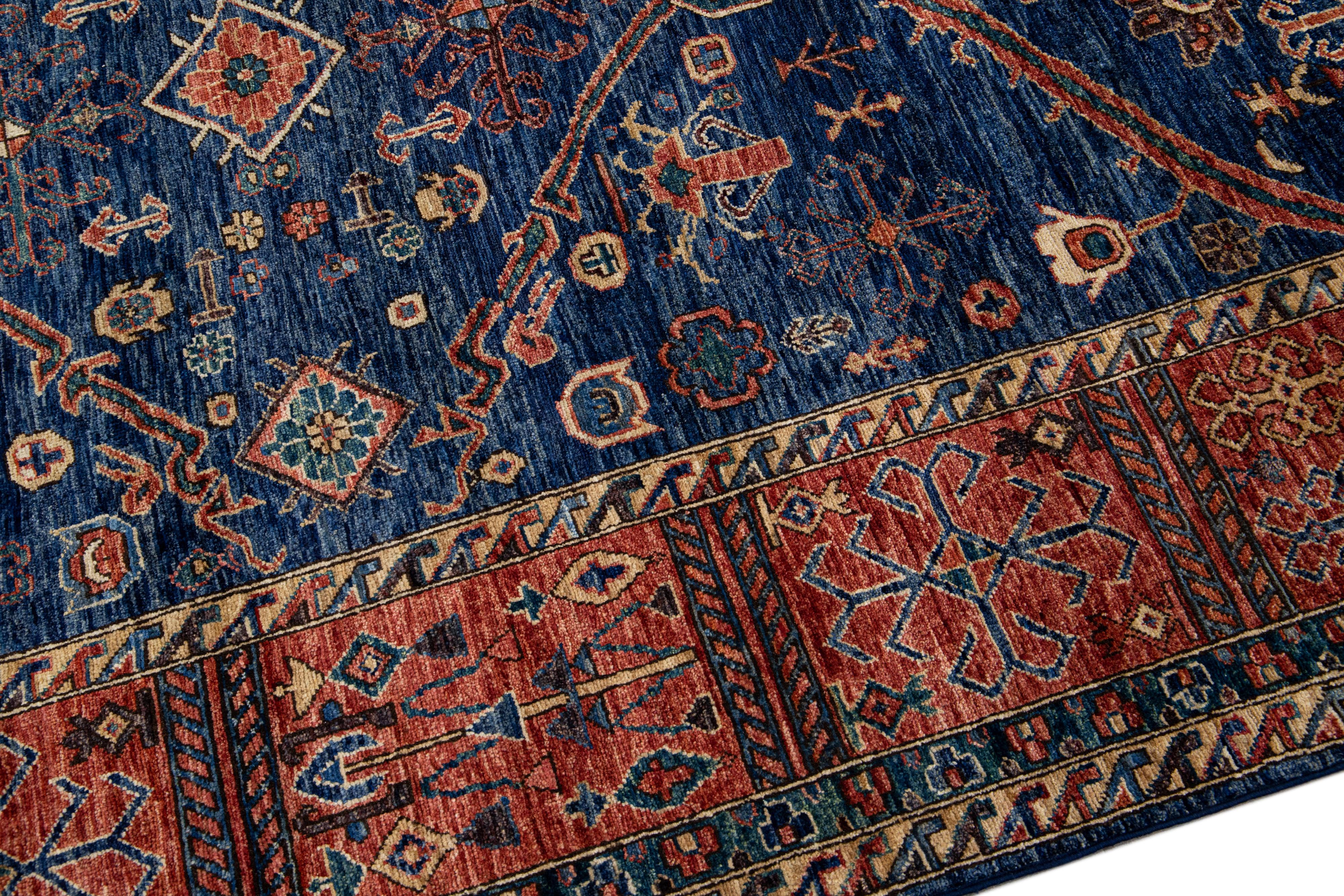 Modern Serapi Style Handmade Geometric Floral Blue and Rust Square Wool Rug For Sale 3
