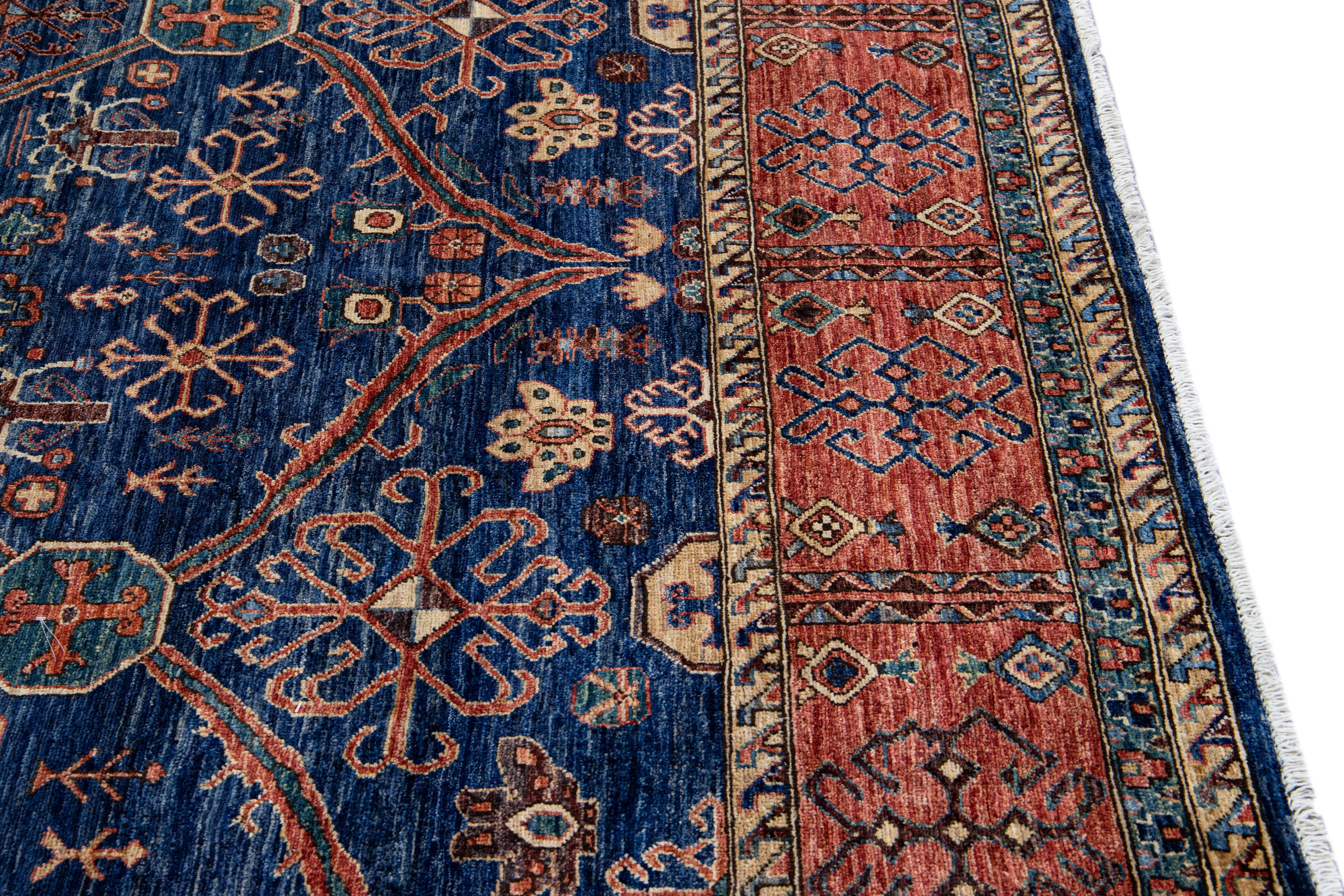 Modern Serapi Style Handmade Geometric Floral Blue and Rust Square Wool Rug For Sale 4