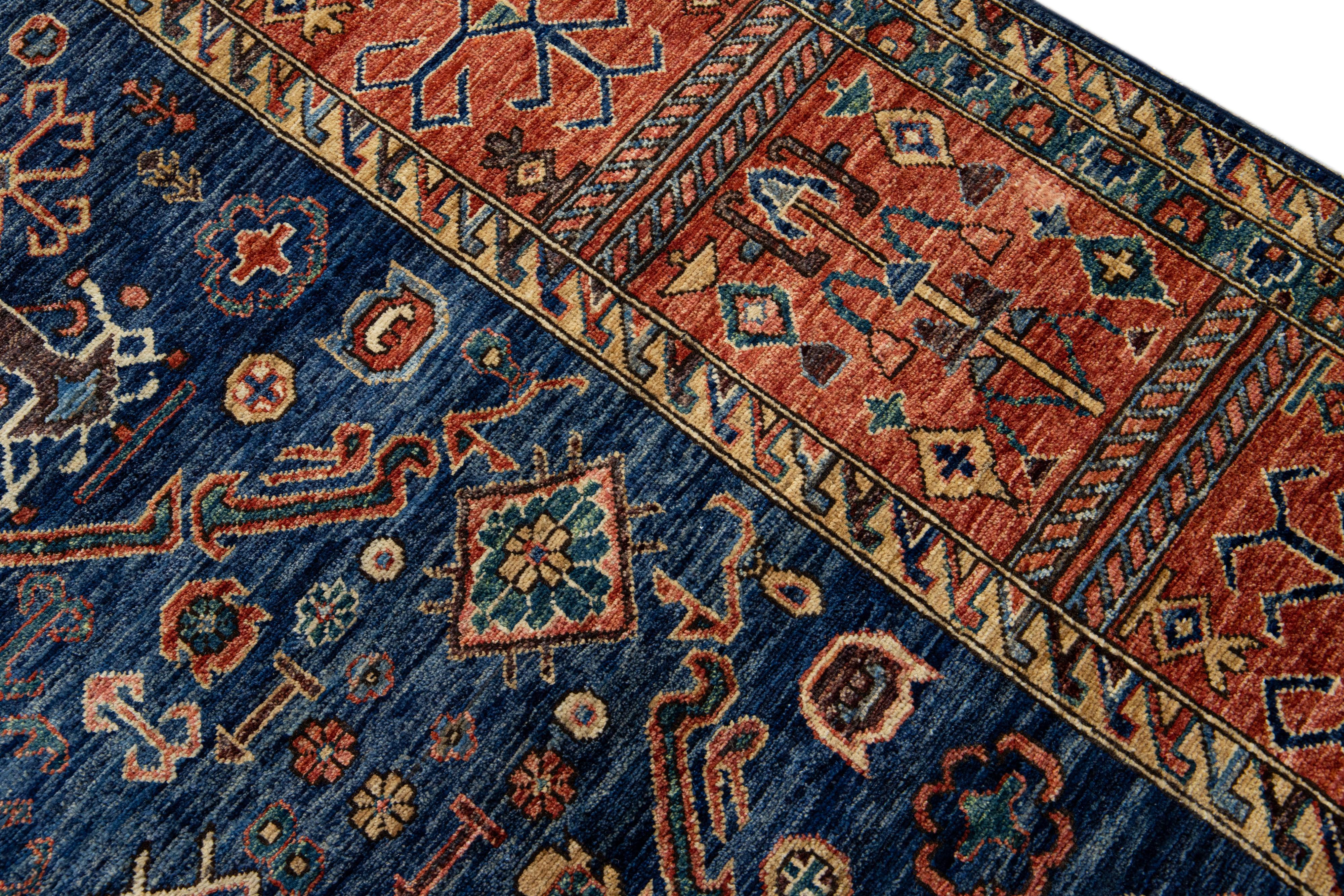 Modern Serapi Style Handmade Geometric Floral Blue and Rust Square Wool Rug For Sale 5