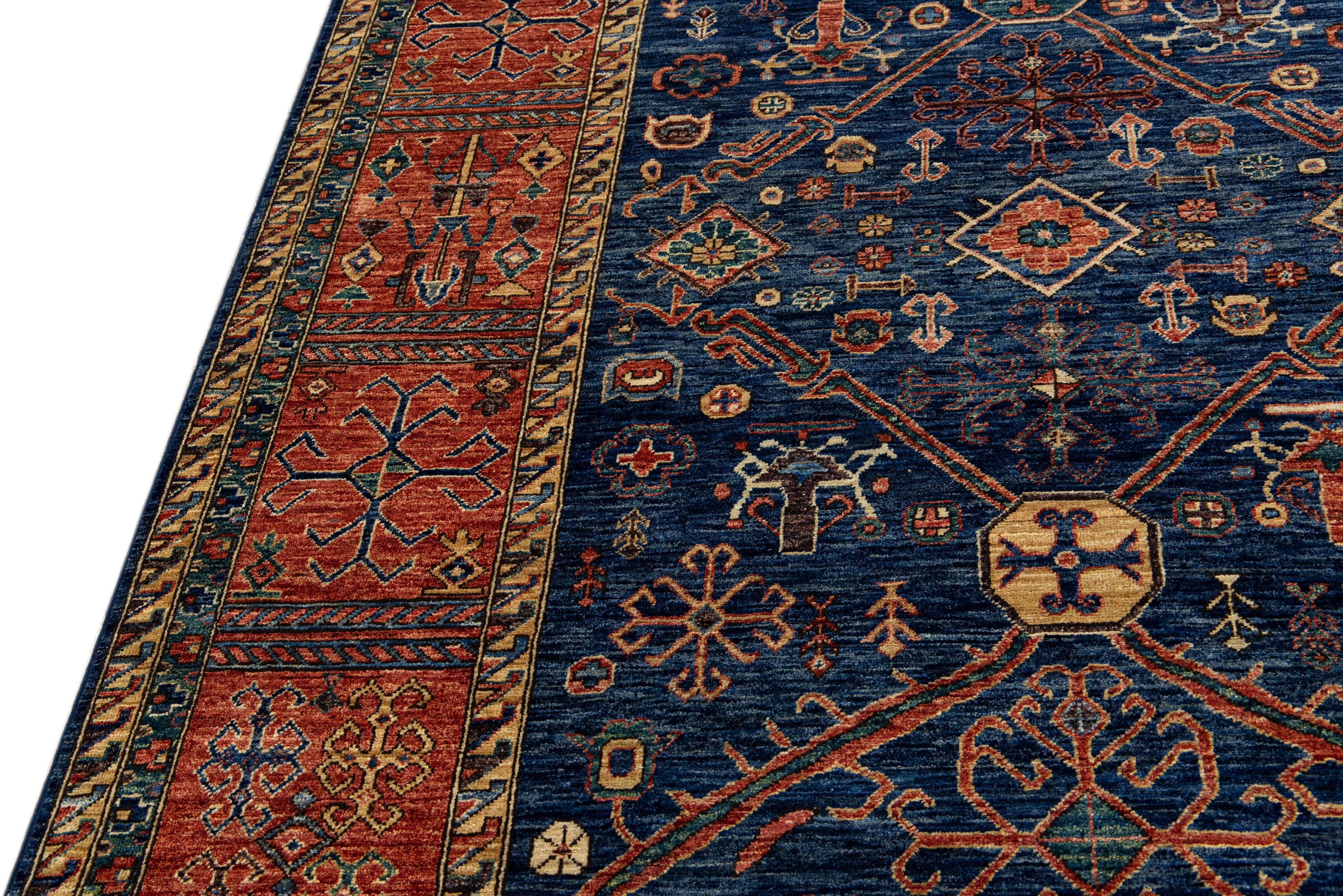 Pakistani Modern Serapi Style Handmade Geometric Floral Blue and Rust Square Wool Rug For Sale