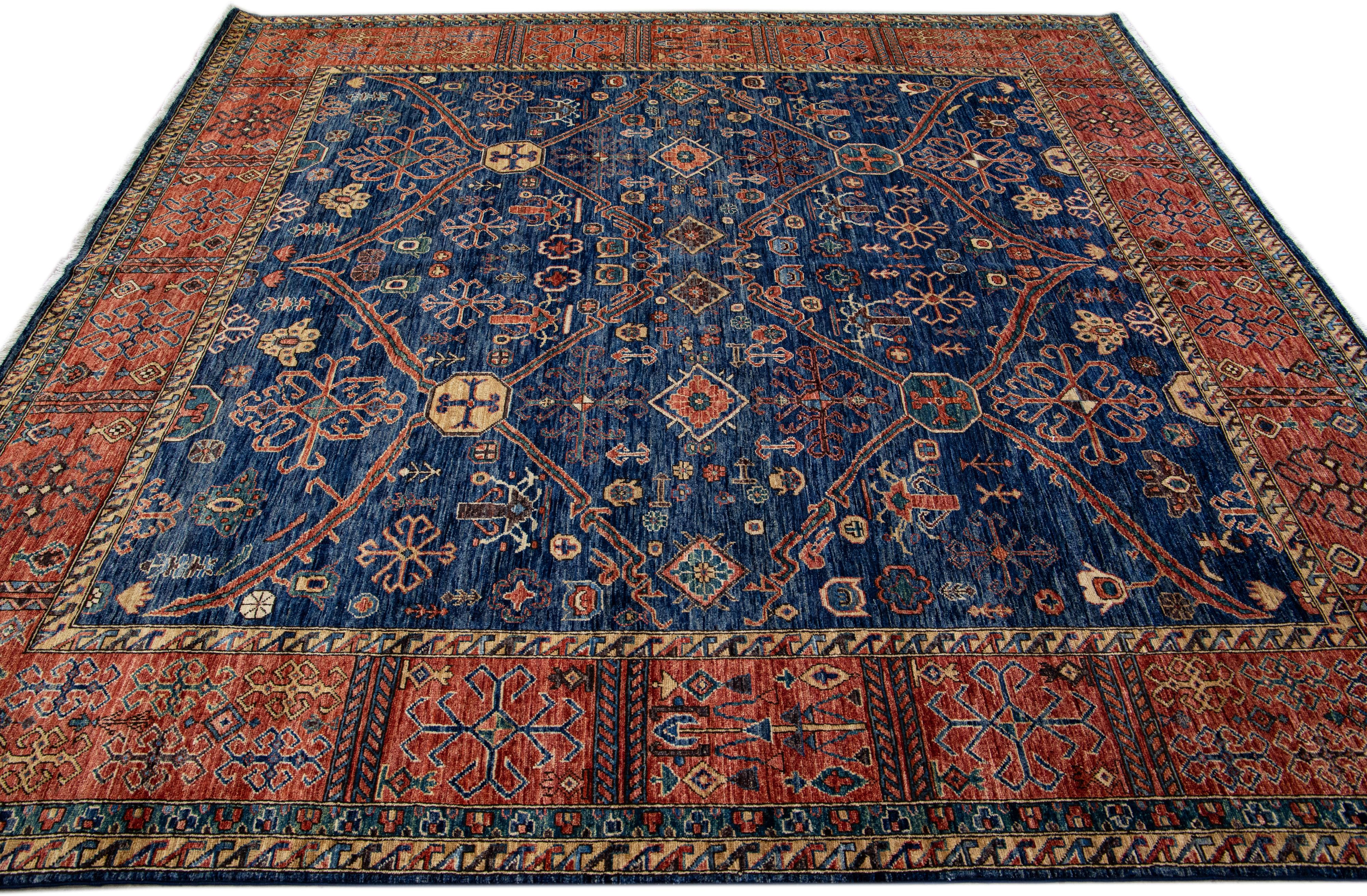 Hand-Knotted Modern Serapi Style Handmade Geometric Floral Blue and Rust Square Wool Rug For Sale