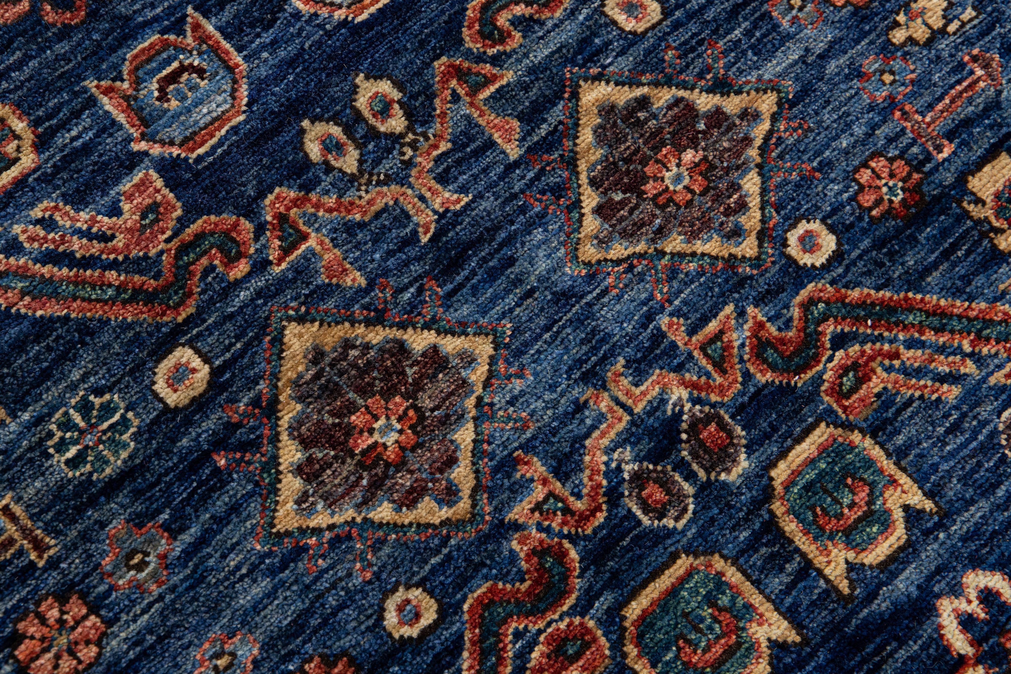 Modern Serapi Style Handmade Geometric Floral Blue and Rust Square Wool Rug In New Condition For Sale In Norwalk, CT
