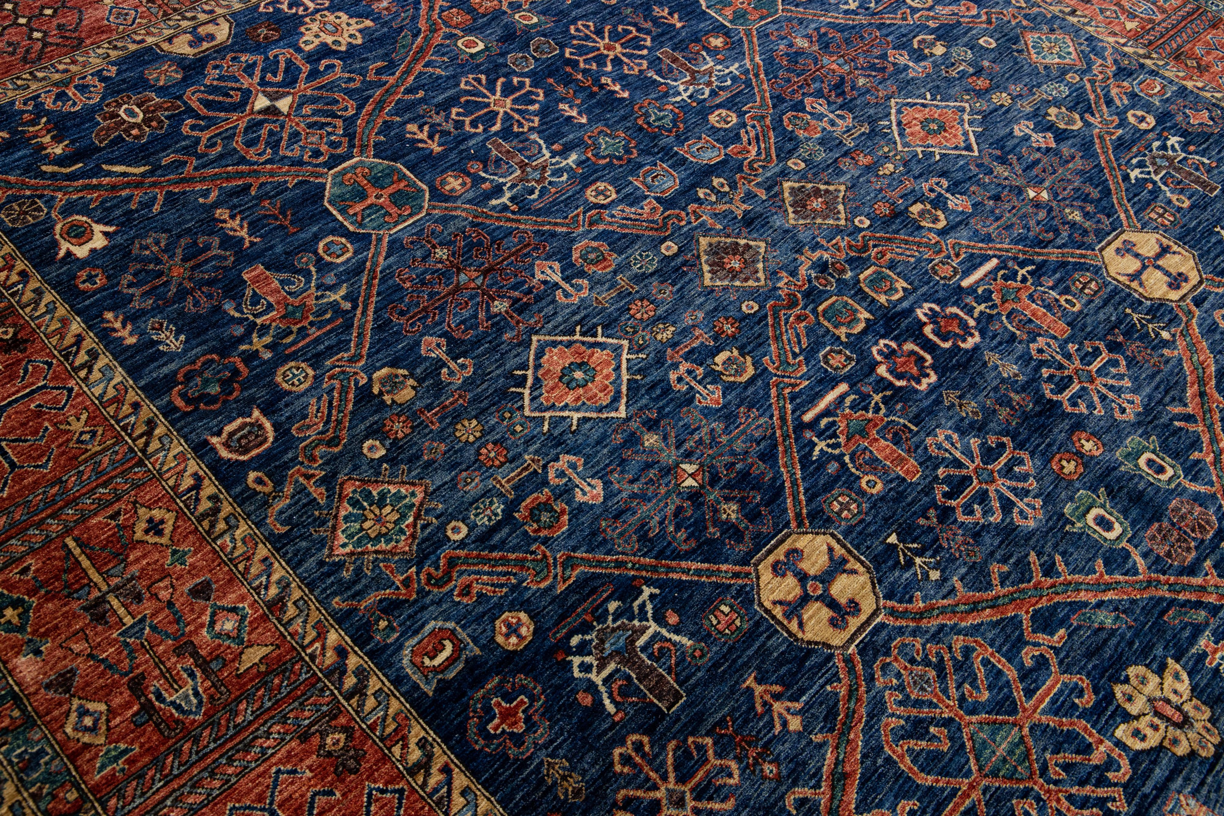 Contemporary Modern Serapi Style Handmade Geometric Floral Blue and Rust Square Wool Rug For Sale
