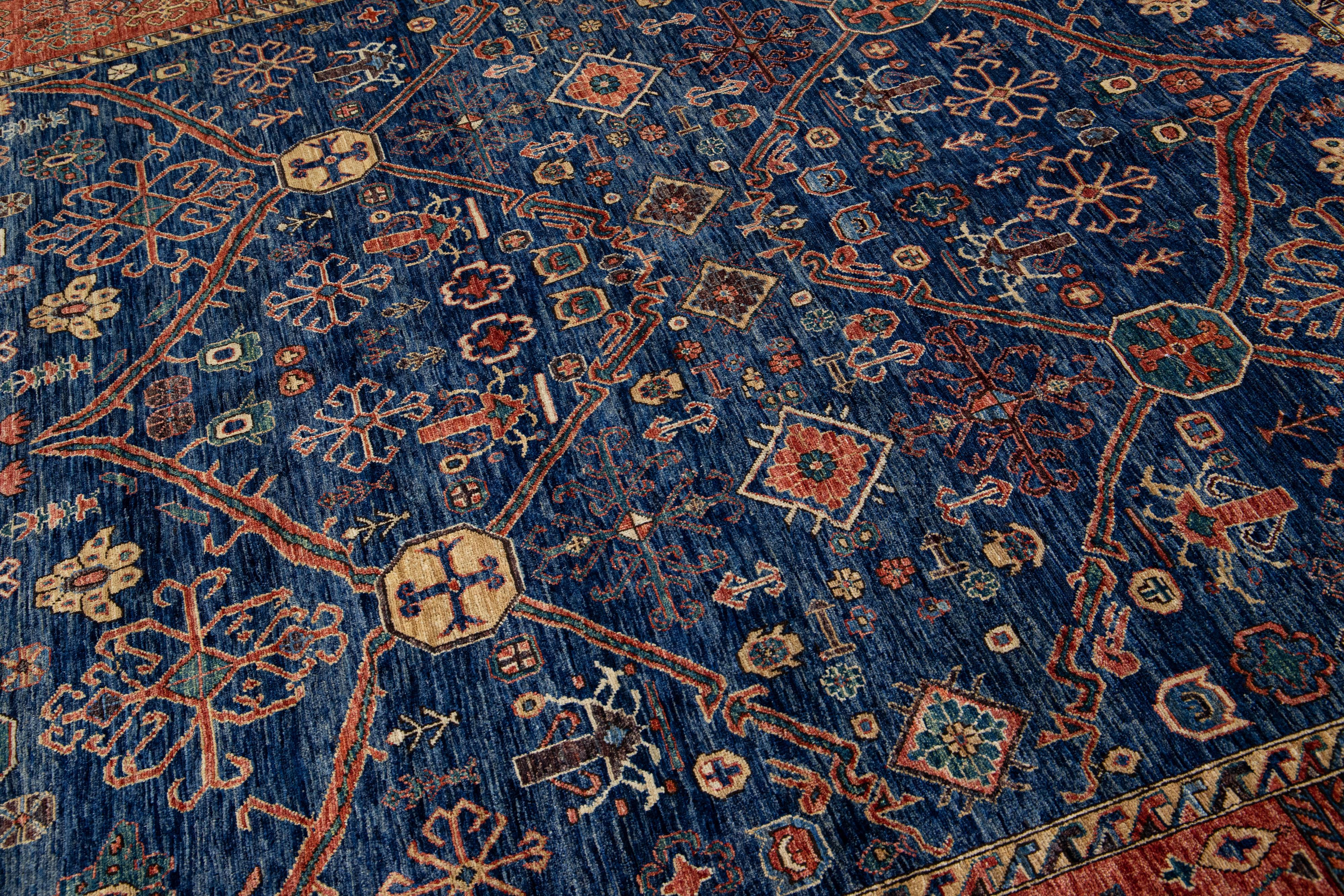 Modern Serapi Style Handmade Geometric Floral Blue and Rust Square Wool Rug For Sale 2