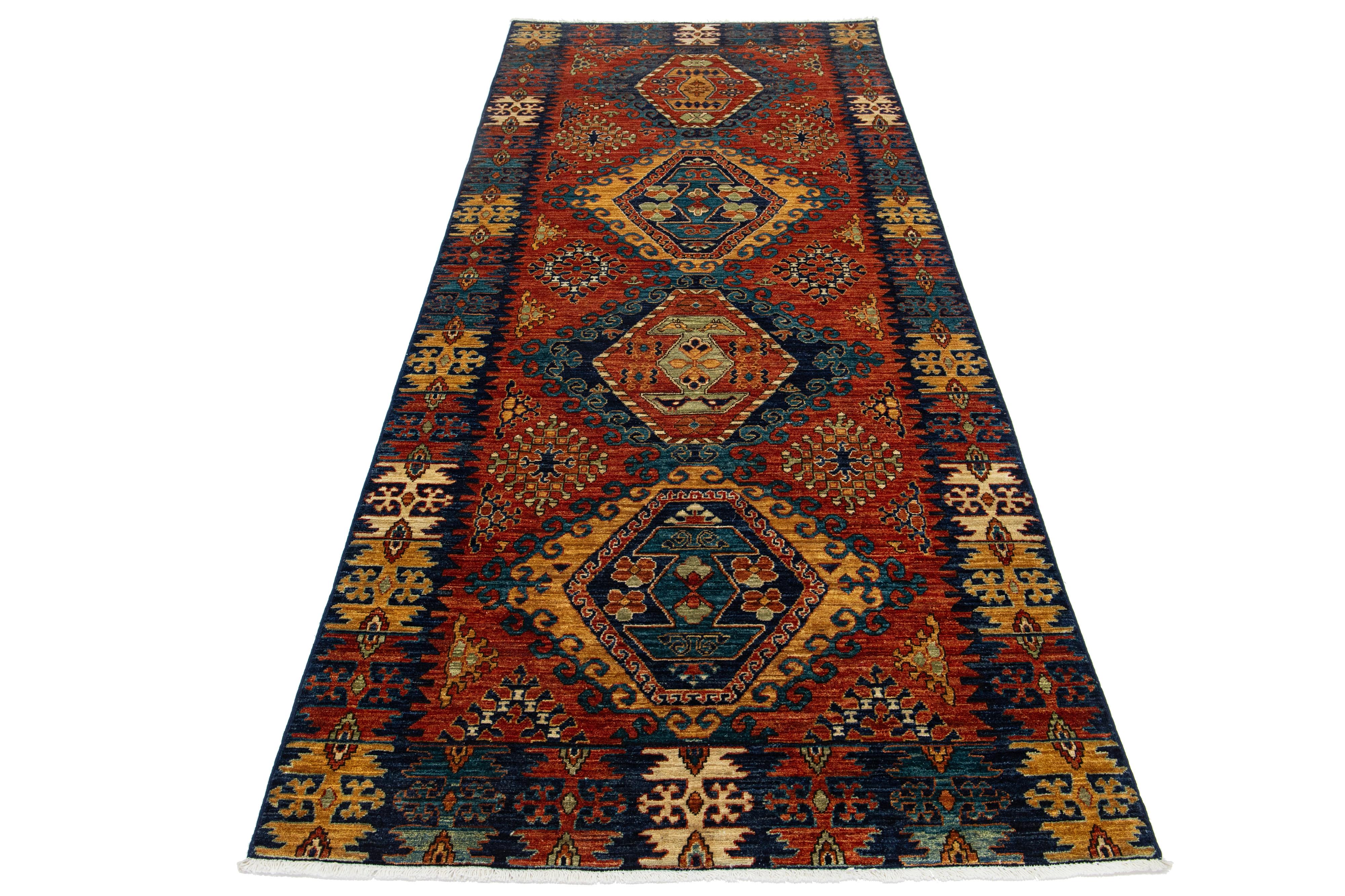 Islamic Modern Serapi Style Handmade Wool Runner In Red -Rust Color With Allover Motif For Sale