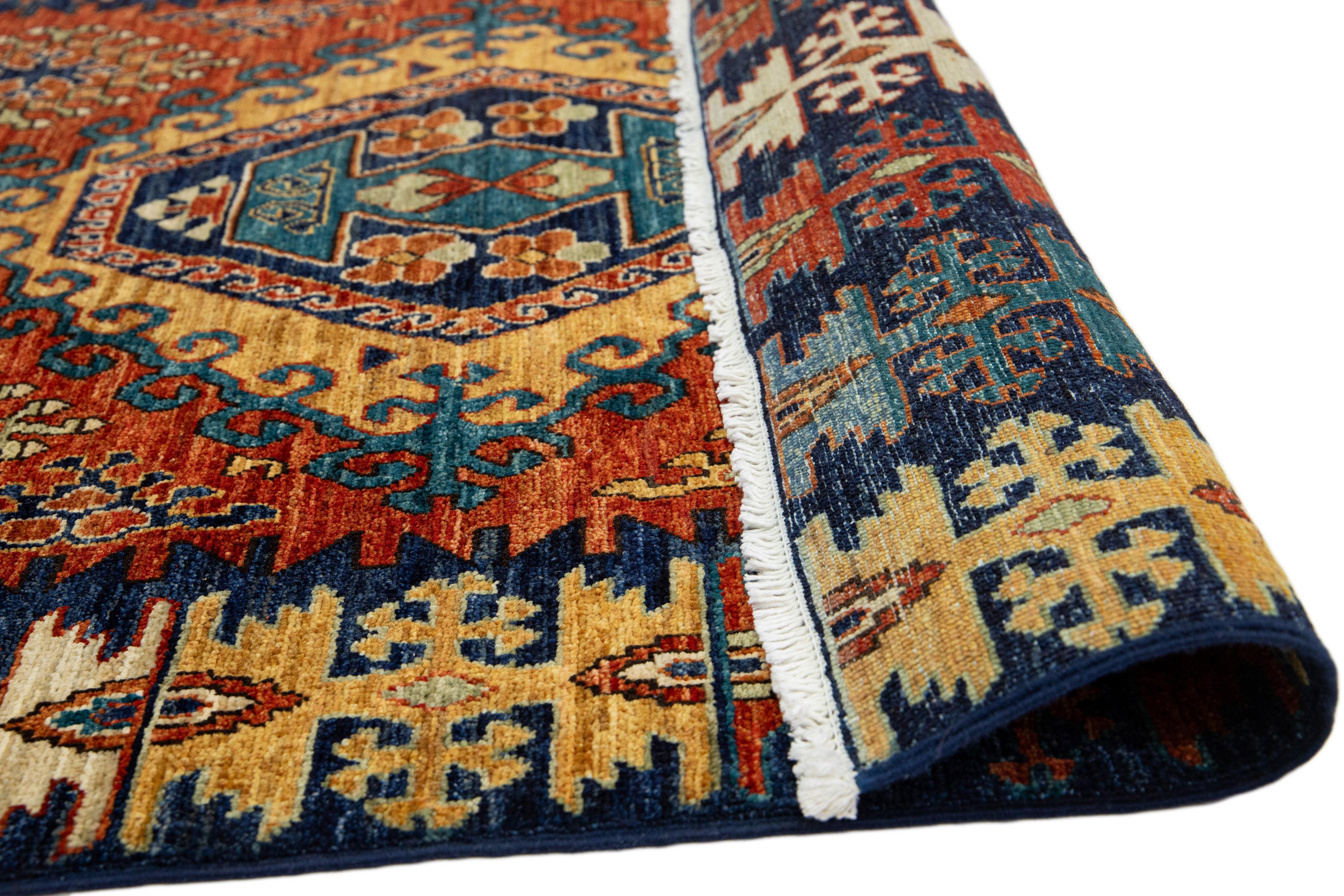 Indian Modern Serapi Style Handmade Wool Runner In Red -Rust Color With Allover Motif For Sale