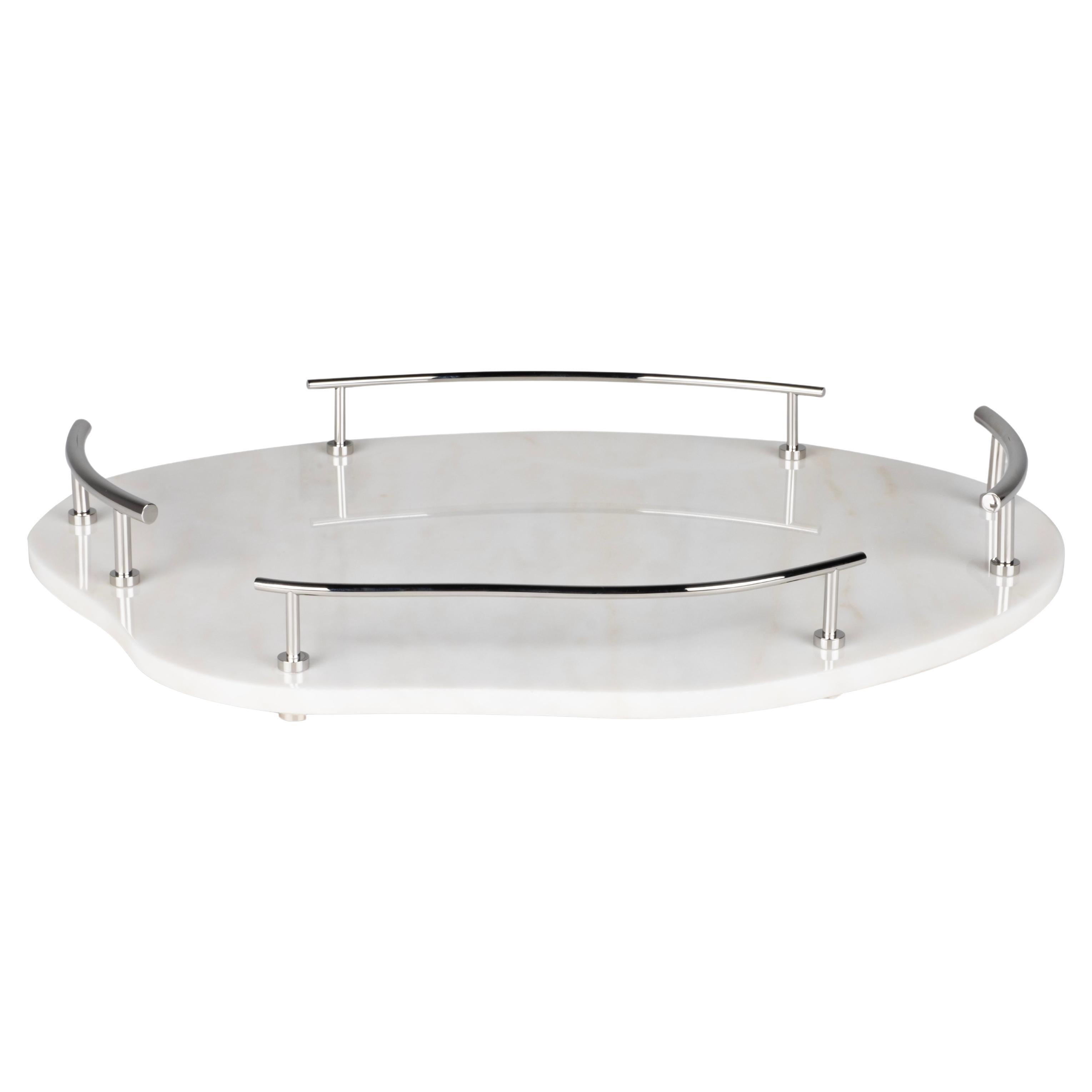 Modern Serving Tray Calacatta Marble Stainless Handmade Portugal Lusitanus Home For Sale