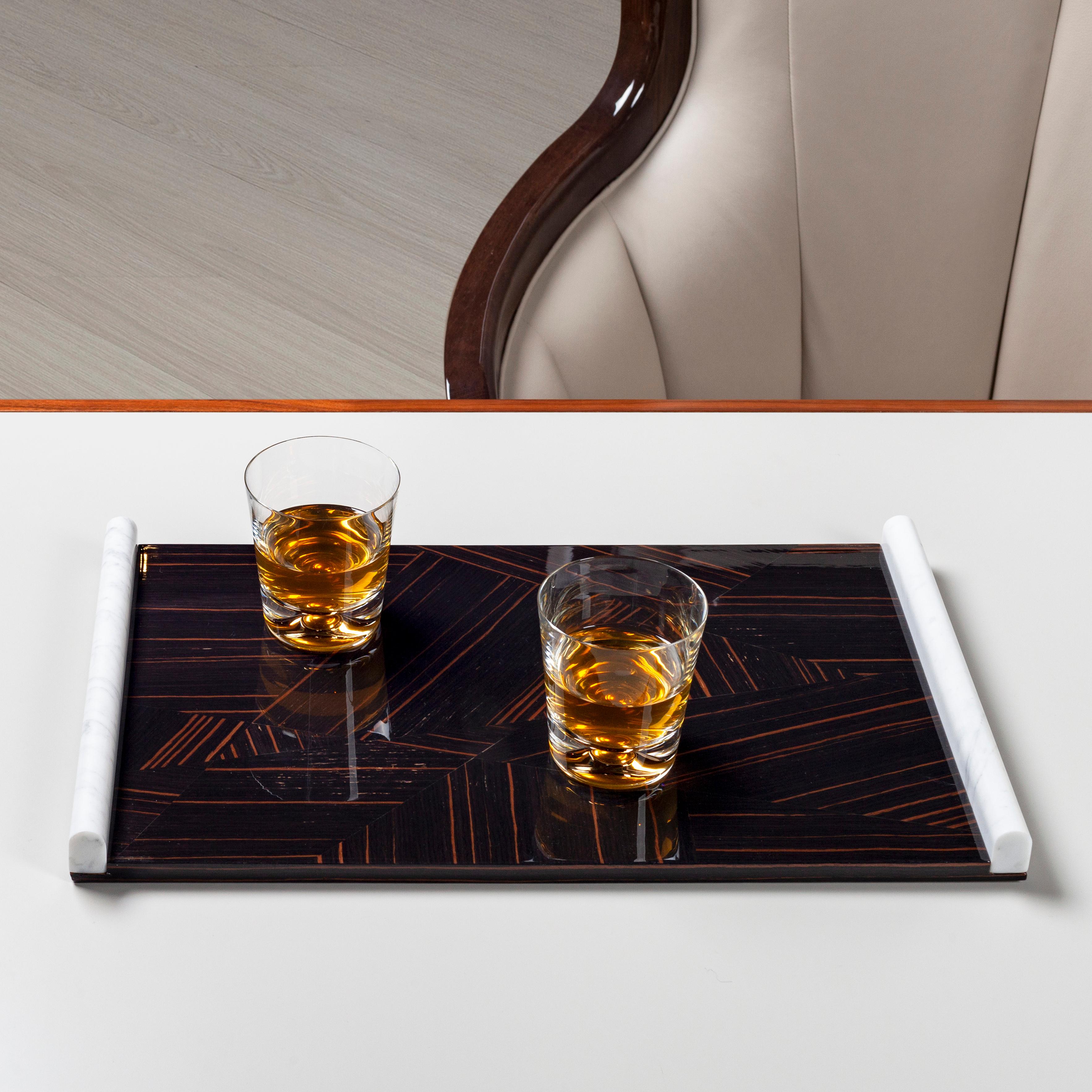 Hand-Crafted Modern Serving Tray Calacatta Marble Walnut Handmade Portugal Lusitanus Home For Sale