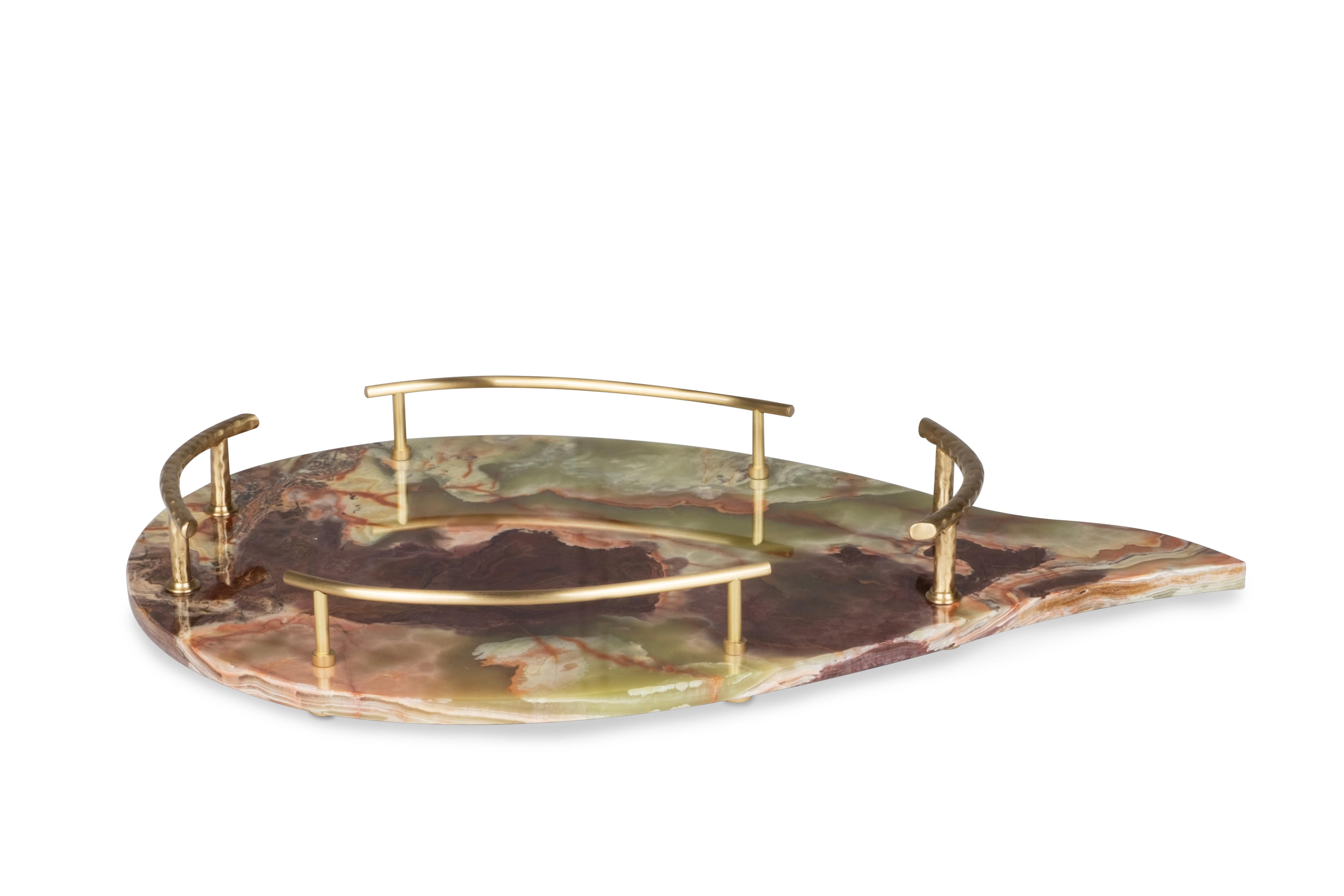 Modern Serving Tray Green Onyx Brass Handmade in Portugal by Lusitanus Home For Sale 1