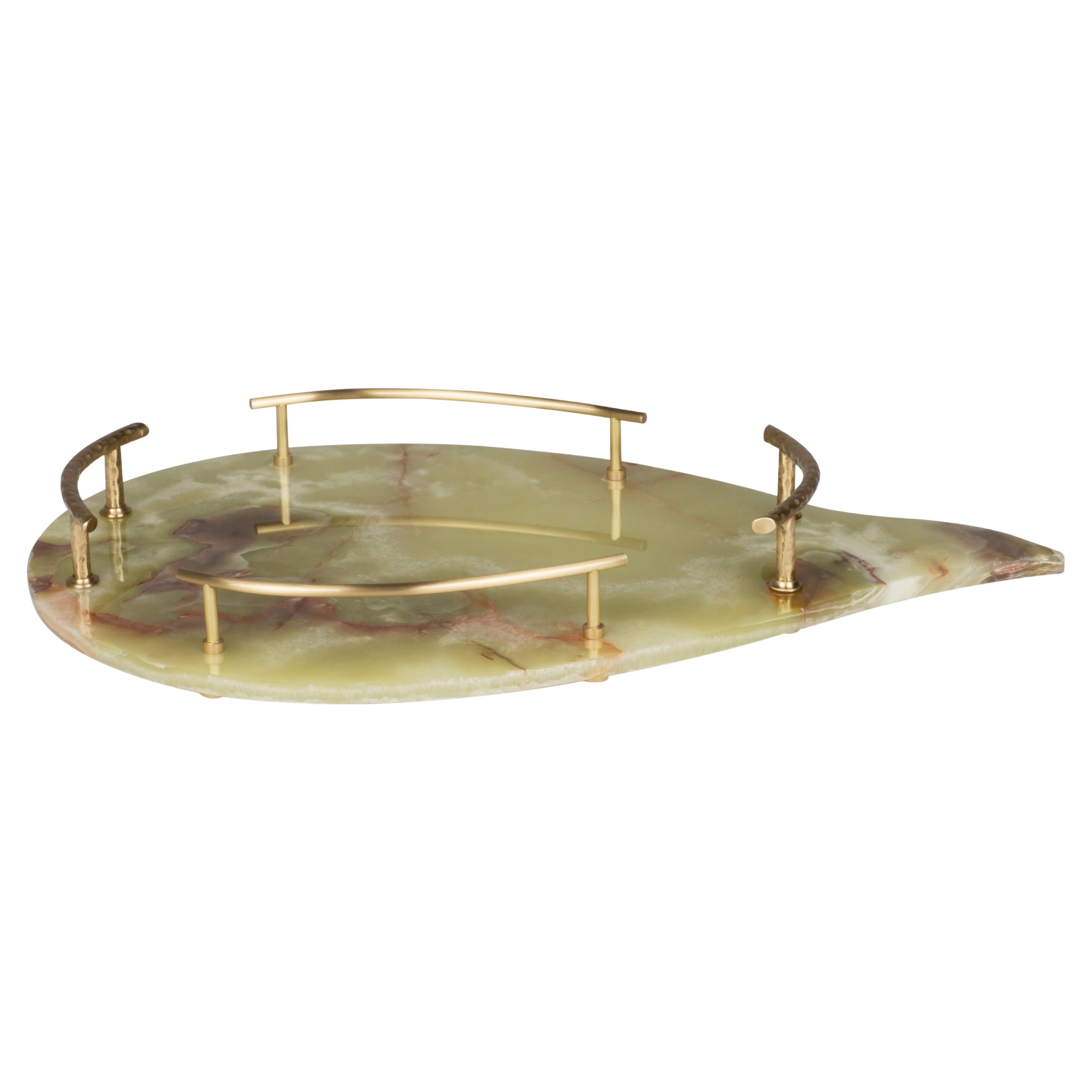 Modern Serving Tray Green Onyx Brass Handmade in Portugal by Lusitanus Home For Sale