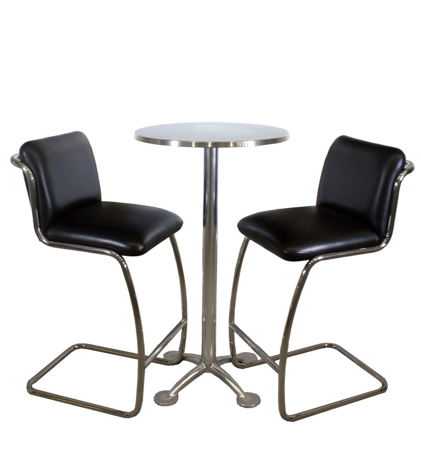 This set of 6 brueton tubular chrome cantilever hightop bar stools and aluminum chrome pub tables are perfect for any modern kitchen or bar. The sleek chrome finish on the stools and table give the set a contemporary and stylish look. The stools