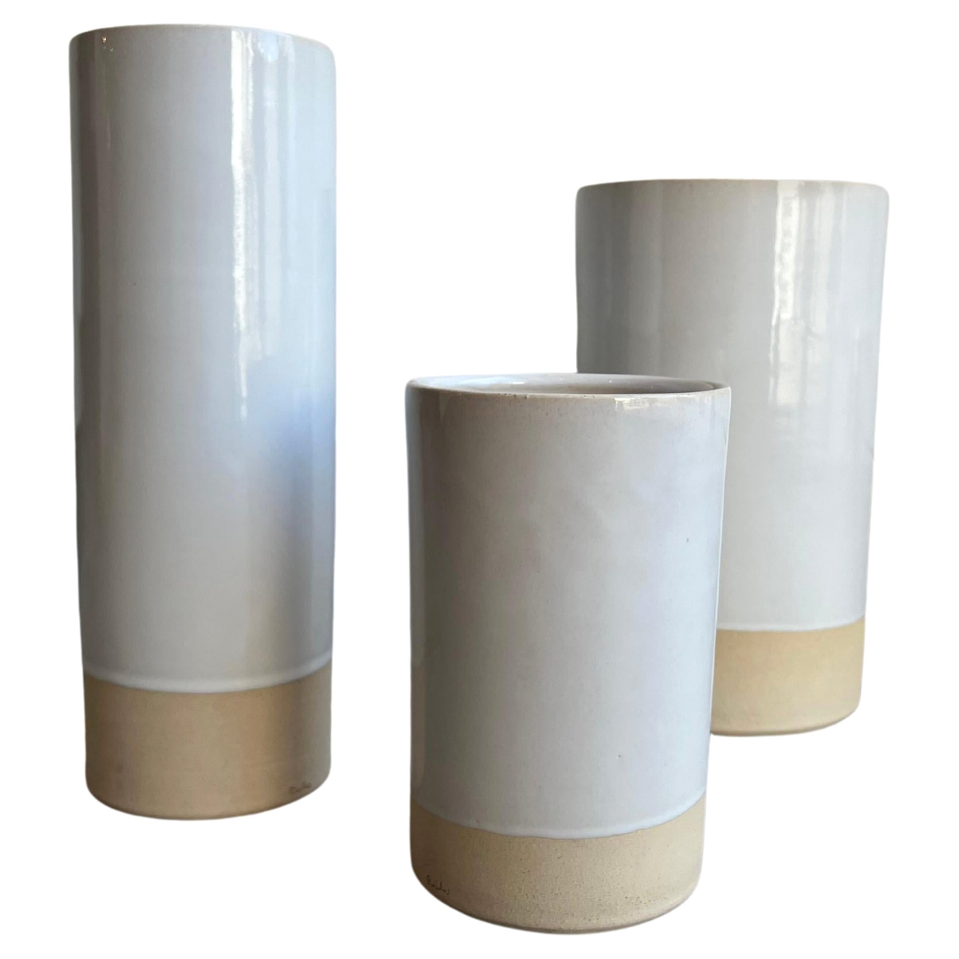 Modern Set of 3 Unique Ceramic Artisan Vases Handmade in Spain, White / Natural For Sale