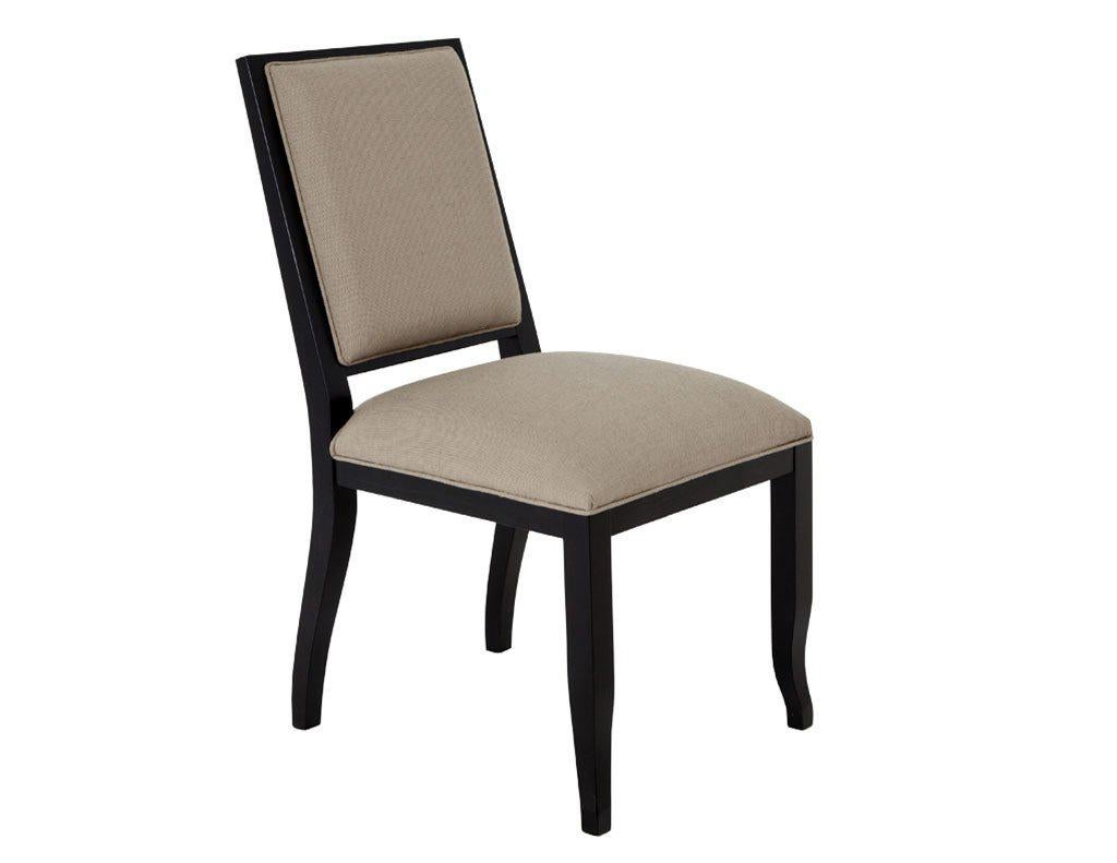 Beautifully made chairs from our workshop in Canada, these solid maple hardwood frames have been been finished in a modern black lacquer and upholstered in a warm beige linen from Maxwell Fabrics.  Upholstered with high density foam for maximum