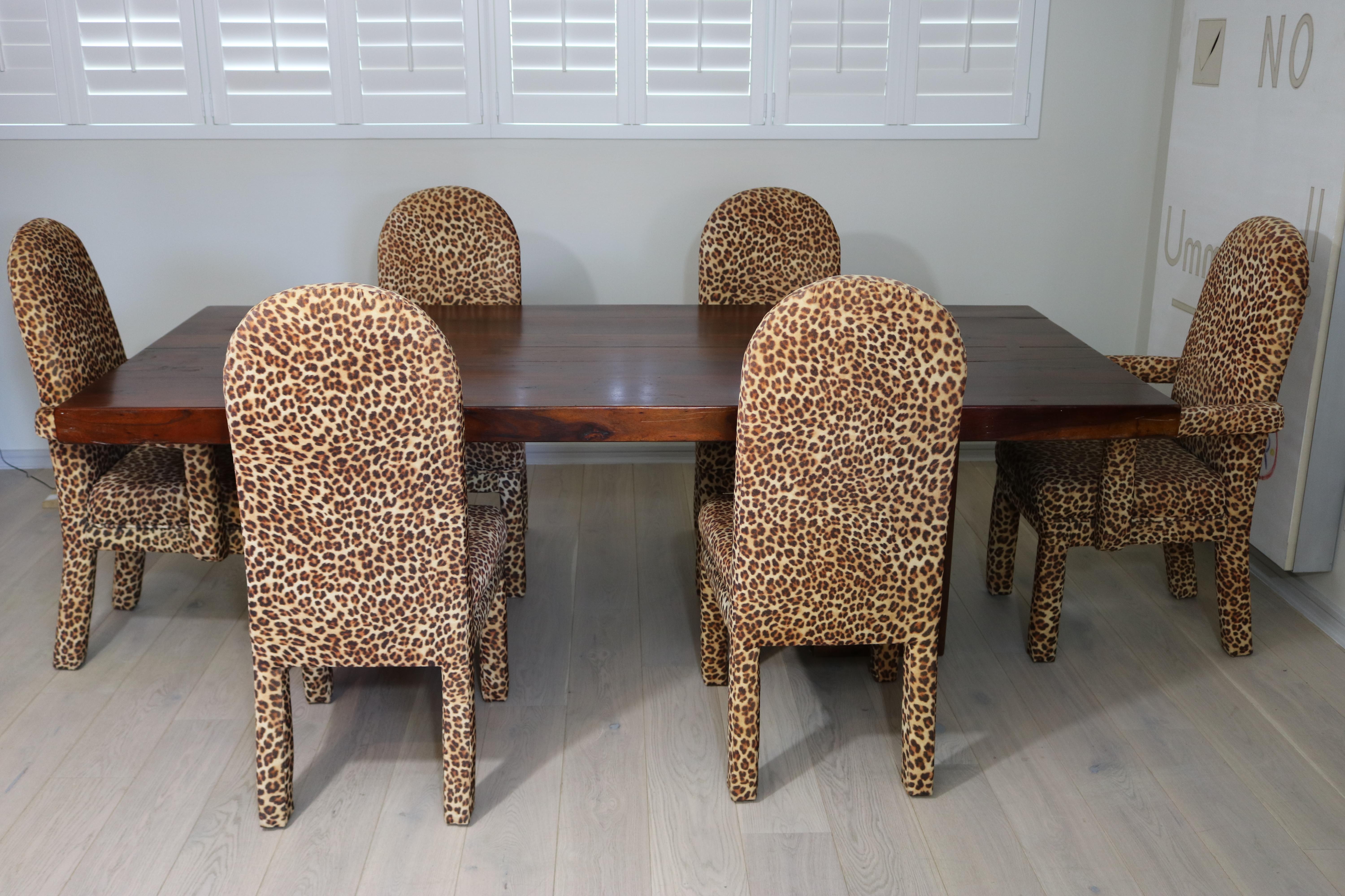 20th Century Mid-Century Modern Set of 6 Faux Leopard Dining Chairs 4 Armless / 2-Arm For Sale