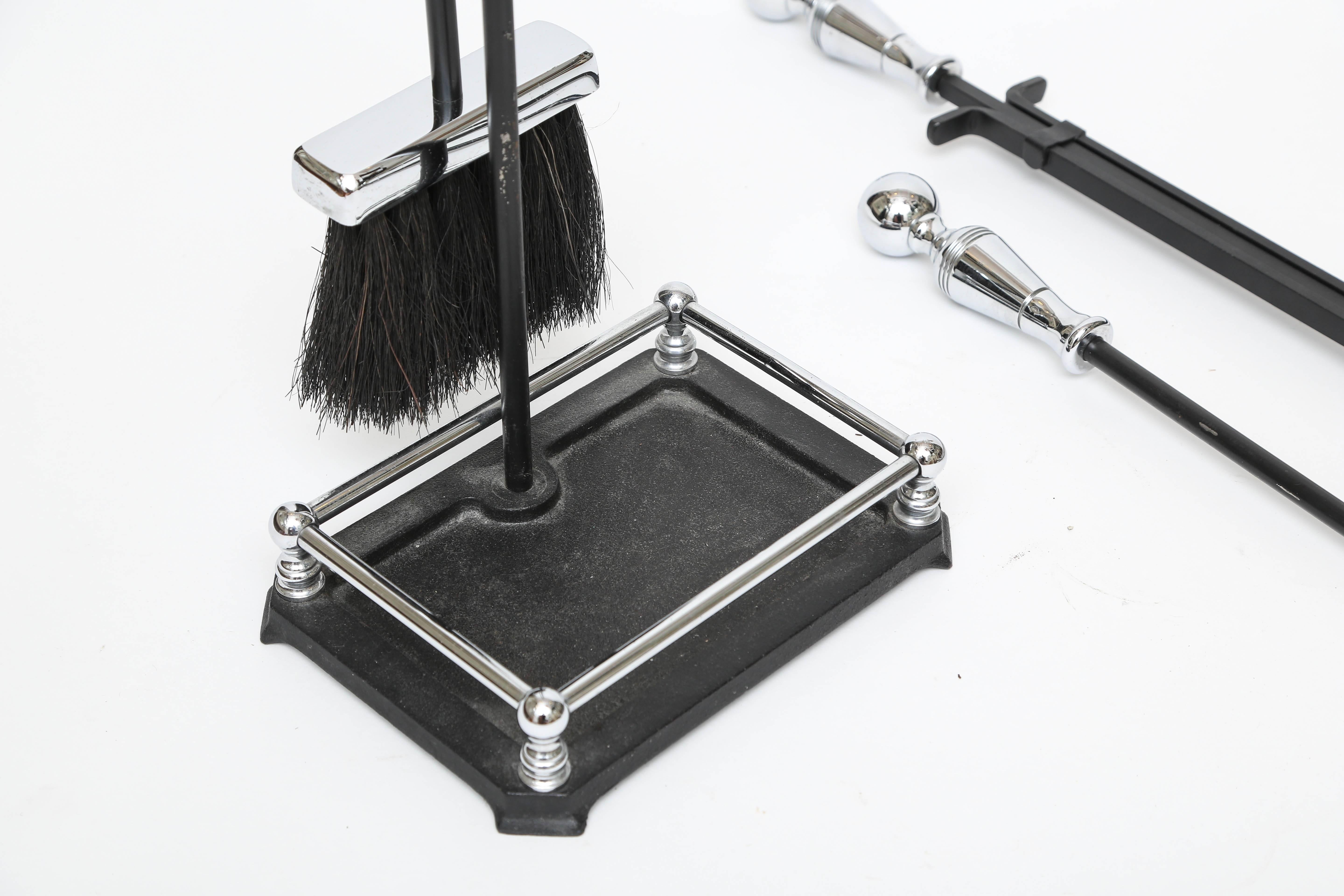 American Modern Set of Chrome and Wrought Iron Fireplace Tools For Sale