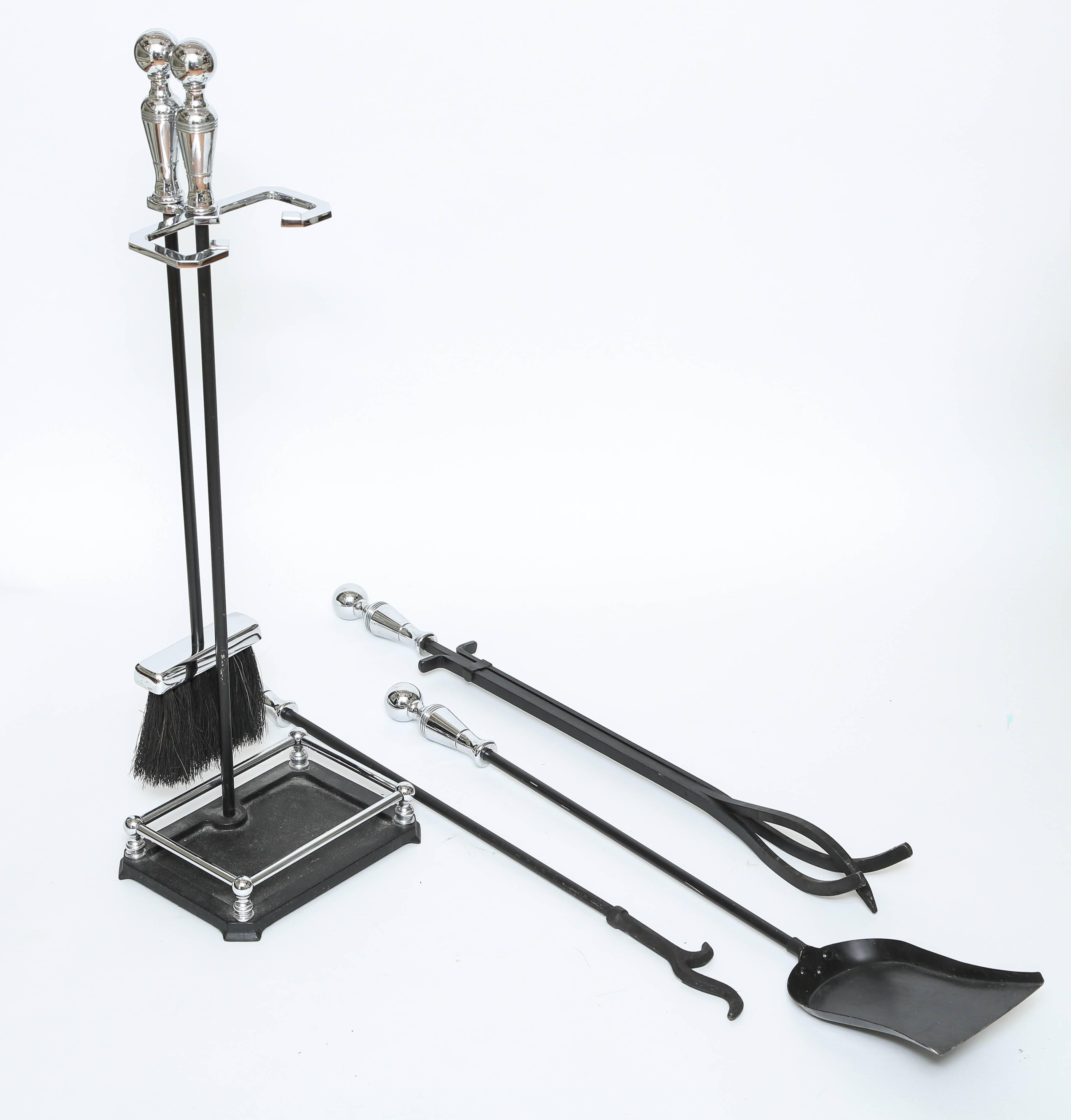 20th Century Modern Set of Chrome and Wrought Iron Fireplace Tools For Sale